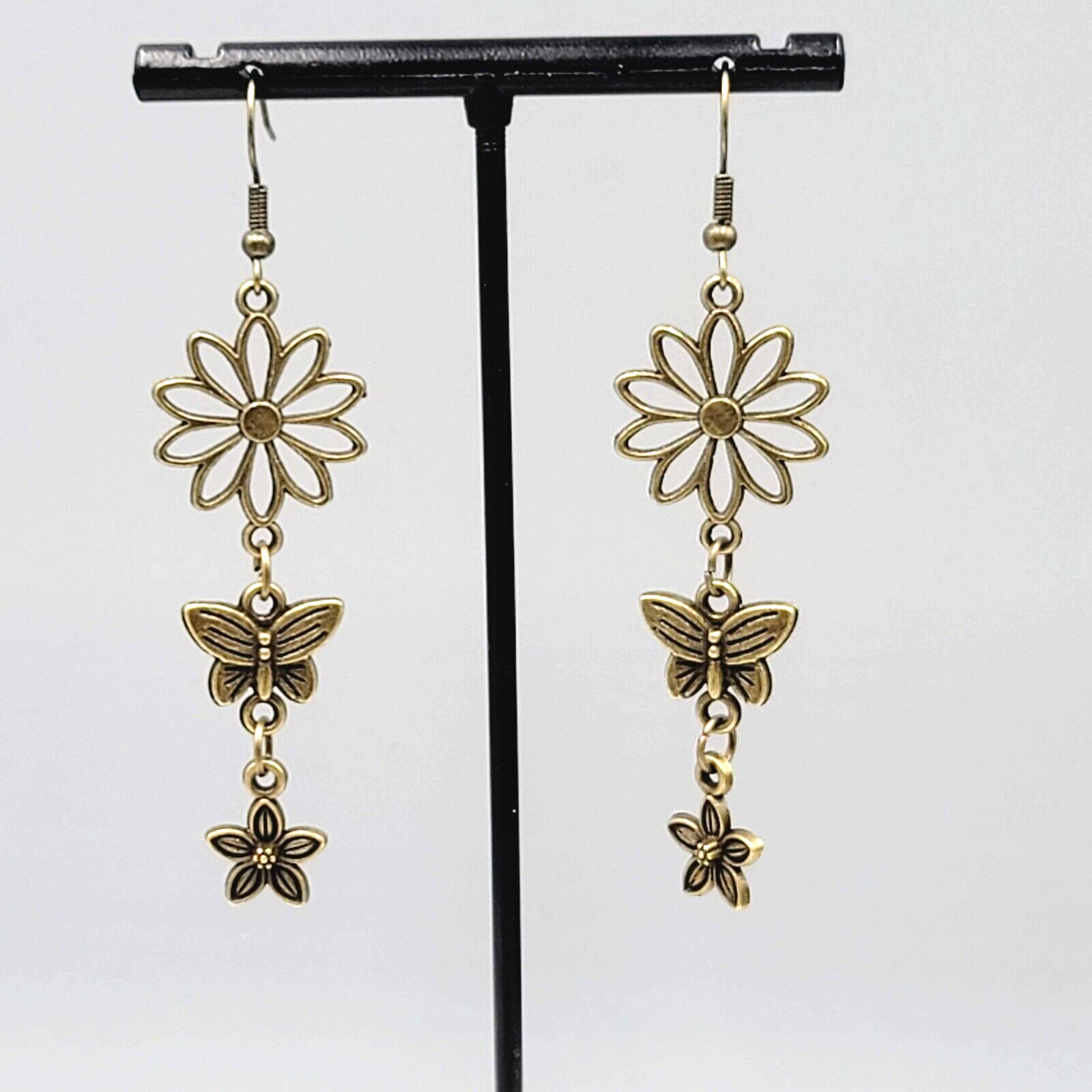New Flower Butterfly Pierced Earrings Bronze tone Triple Dangle 2 1/8"