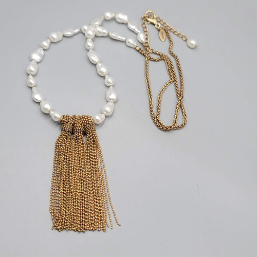 Chicos White Bead Necklace Gold tone Bead Chain Tassel Pendant LONG 36"