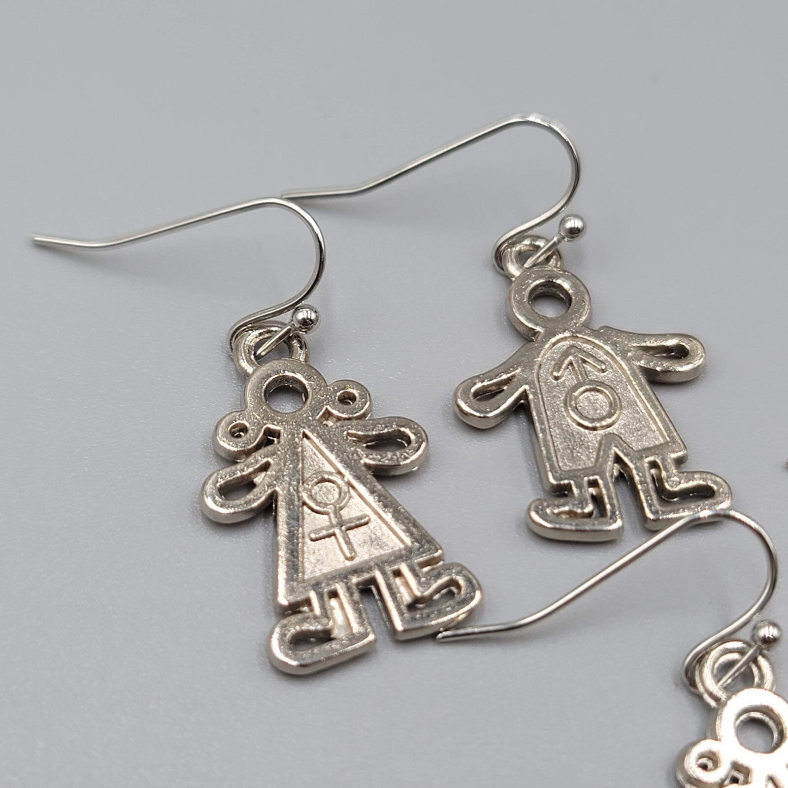 Boy Girl Pierced Earrings Mix Match Silver tone Dangle 1"
