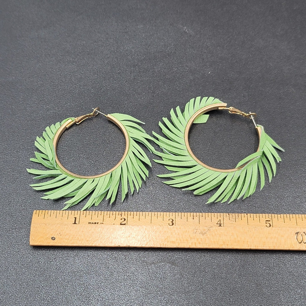 Pierced Earrings Green Fringe Gold tone Hoops Dangle