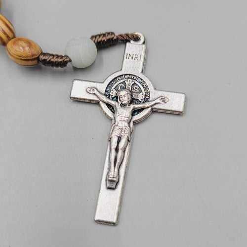 Catholic Rosary Crucifix Wood Beads Silver tone