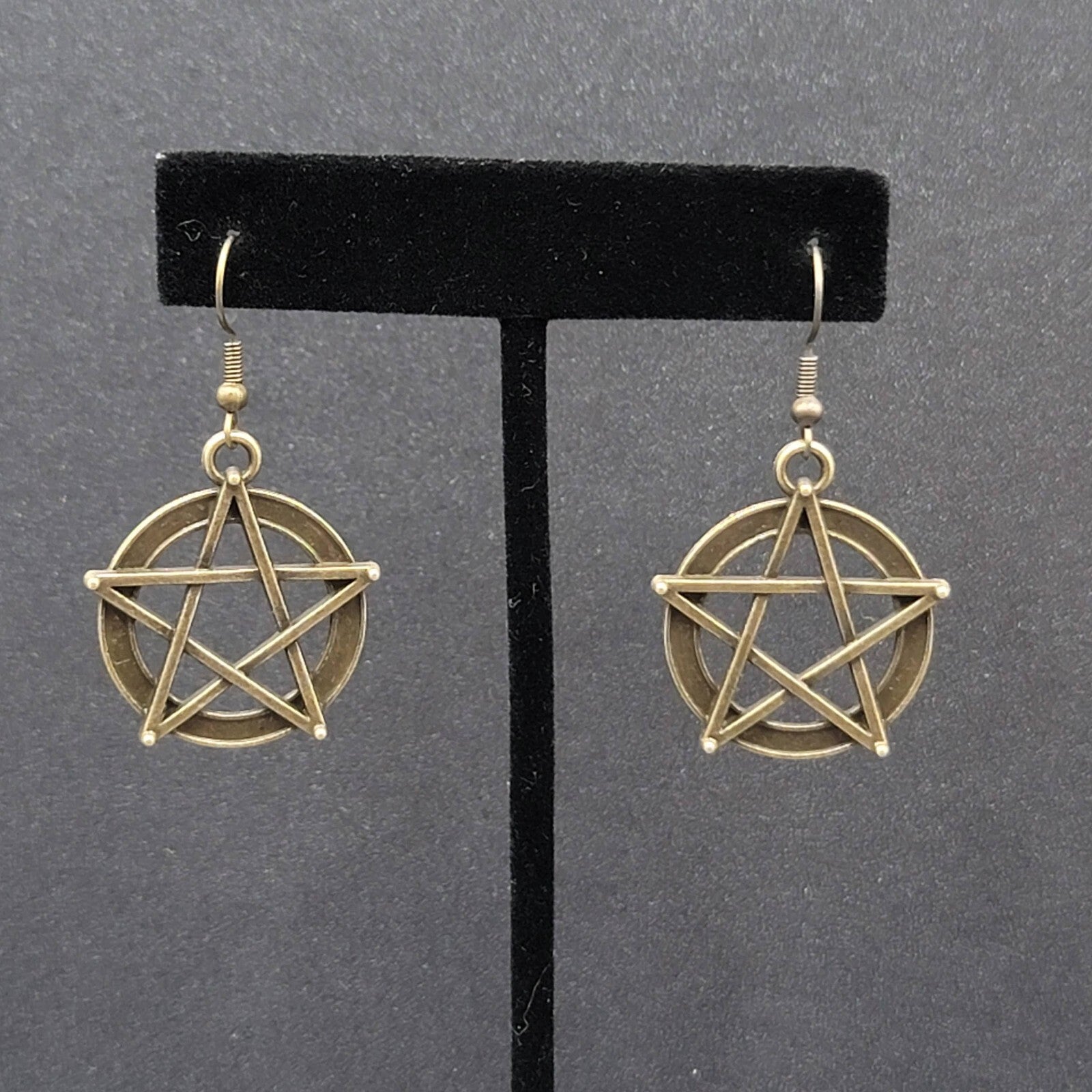 Pentacle Pierced Earrings Bronze tone Pentagram Witch Dangle 1 1/8"