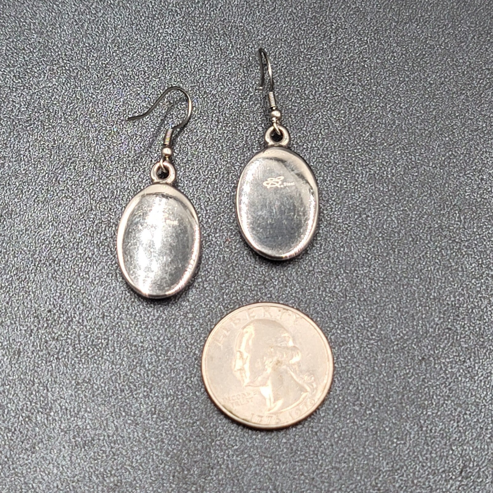 Pierced Earrings Silver tone Stainless Steel Oval Peach Enamel Dangle 1 1/8"