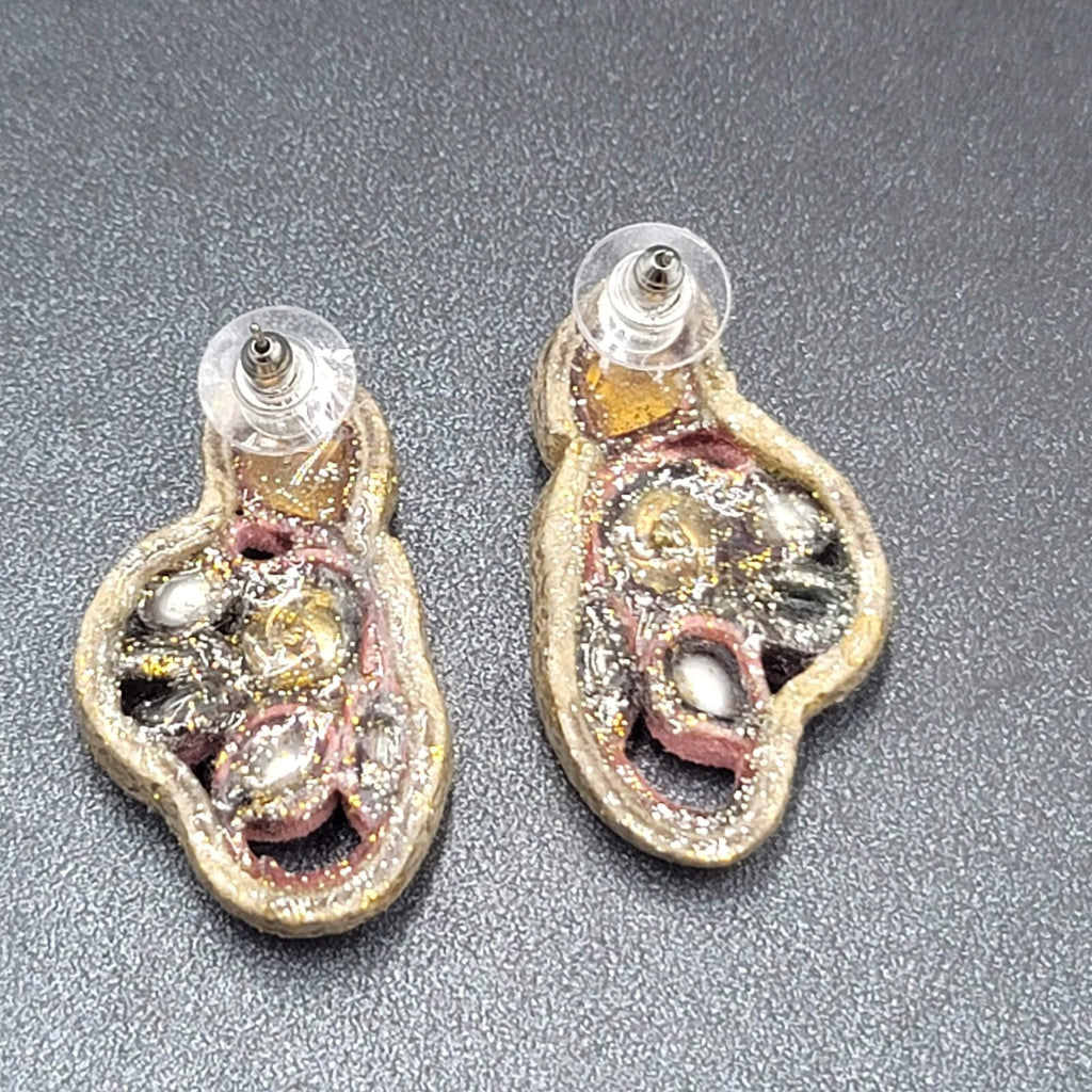 Artisan Pierced Earrings Leather Beaded Gold tone Rose Unusual Fun Drop 1.5"