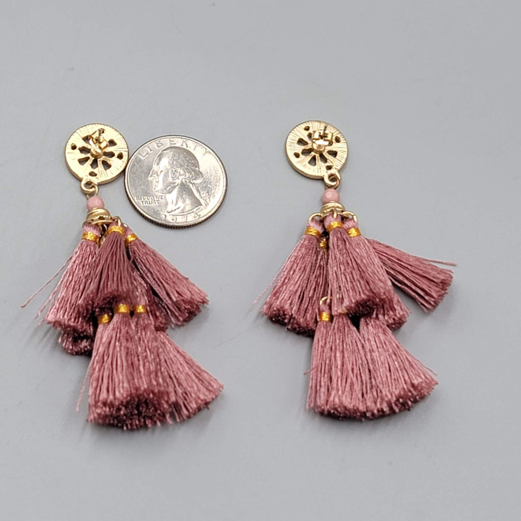 Pink Tassel Pierced Earrings Gold ton e Crystal Dangle 3"