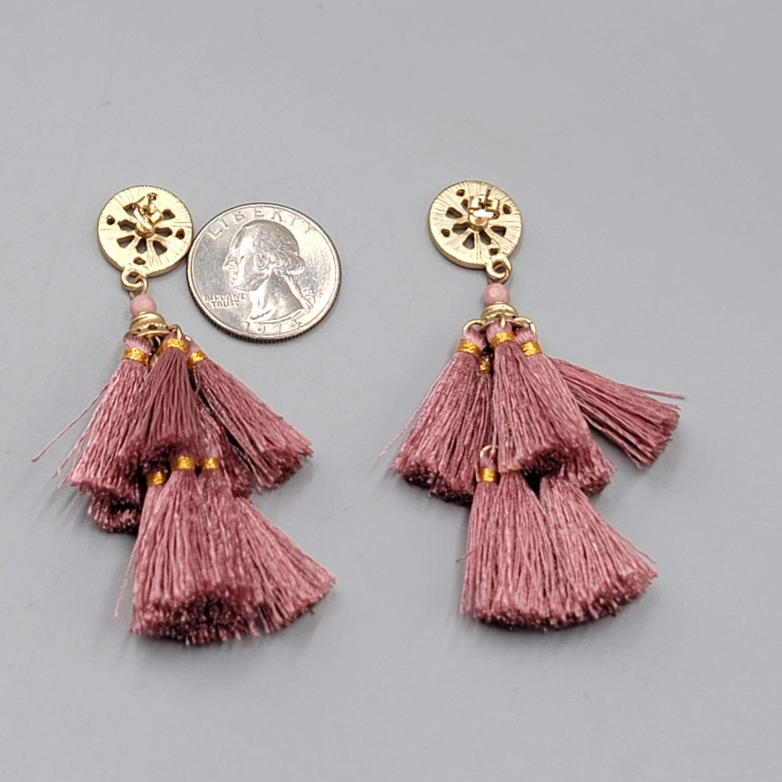 Pink Tassel Pierced Earrings Gold ton e Crystal Dangle 3"