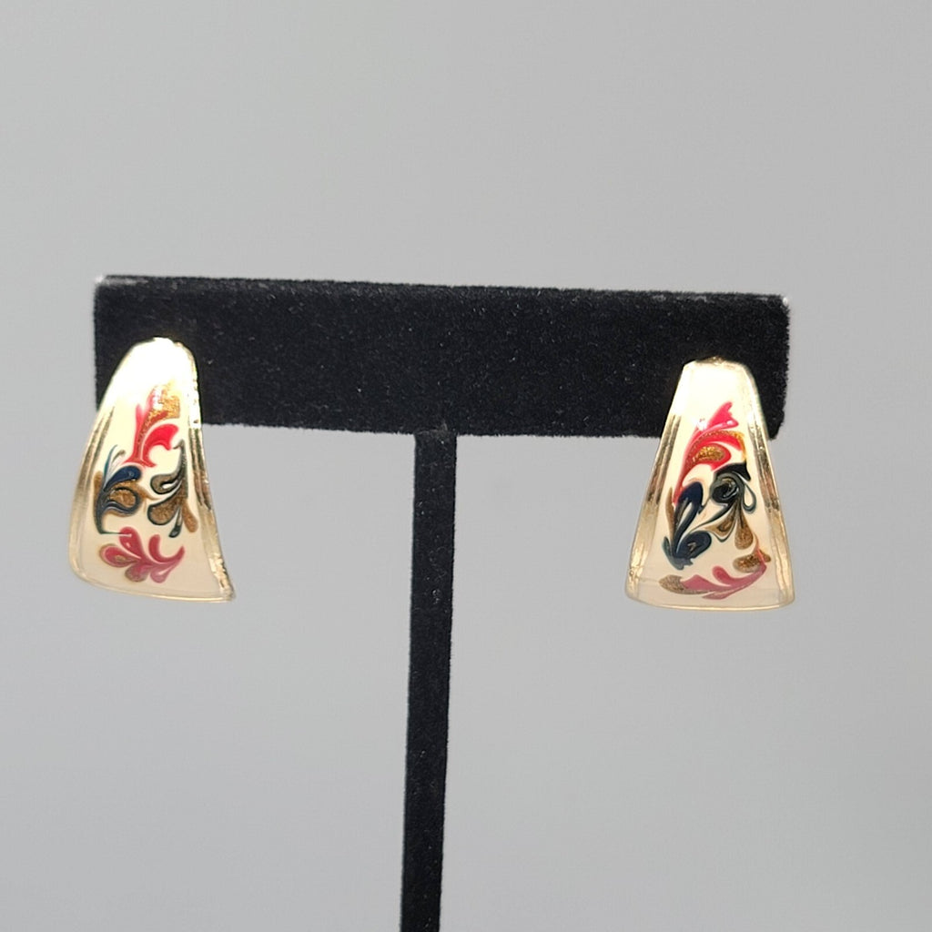 Vintage Pierced Earrings White Red Green Enamel Gold tone Drop 1"