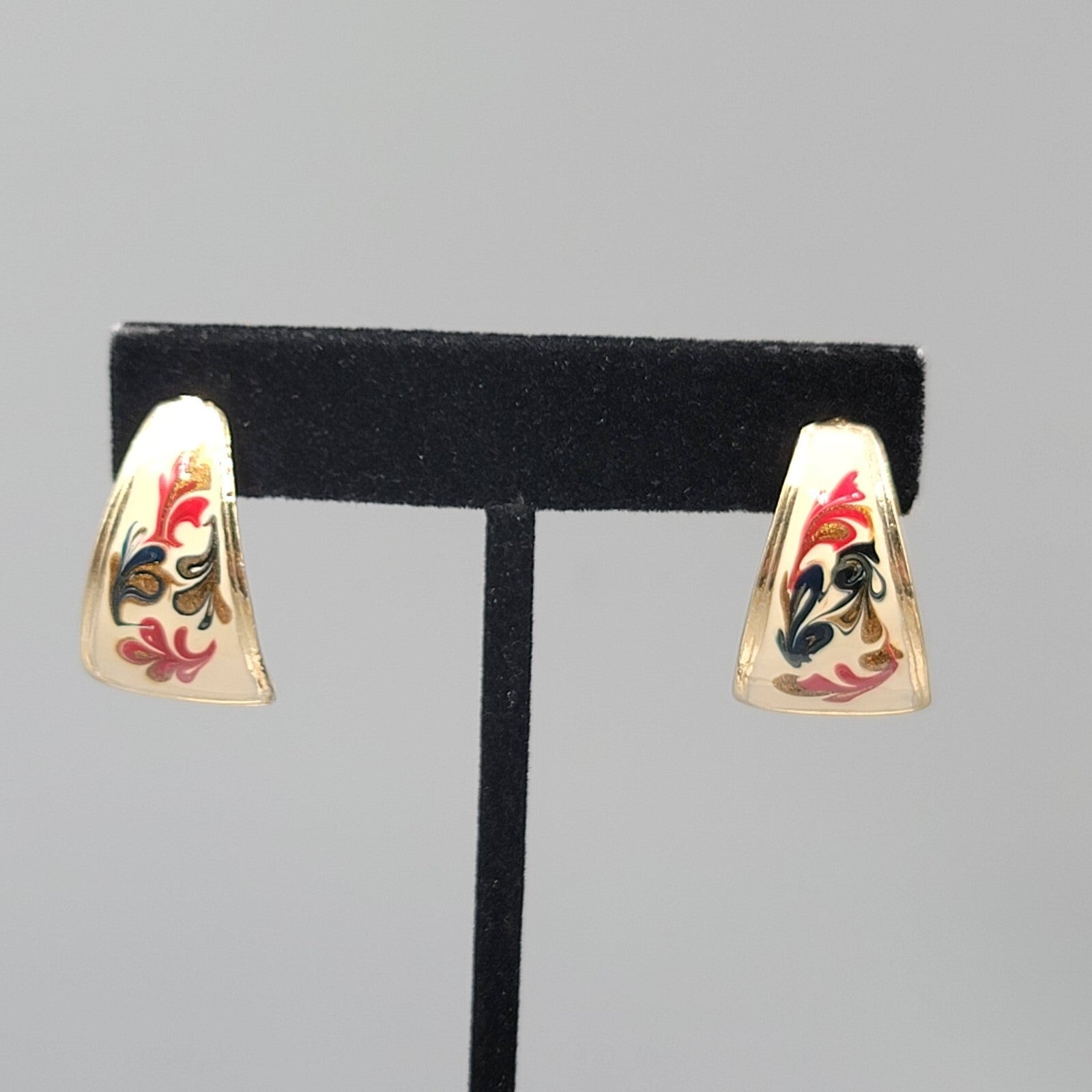 Vintage Pierced Earrings White Red Green Enamel Gold tone Drop 1"