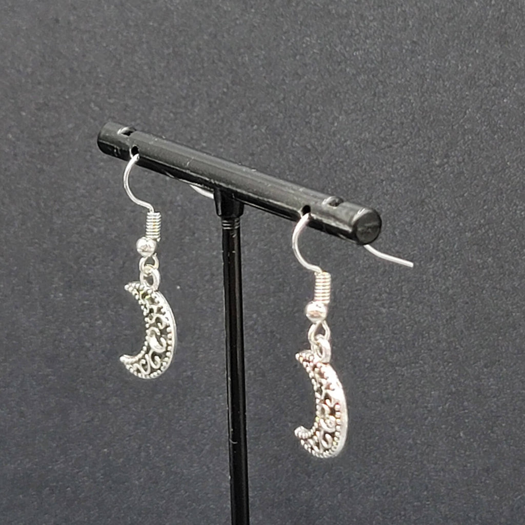 New MOON Pierced Earrings Silver tone Open Work Metal Dangle 5/8"