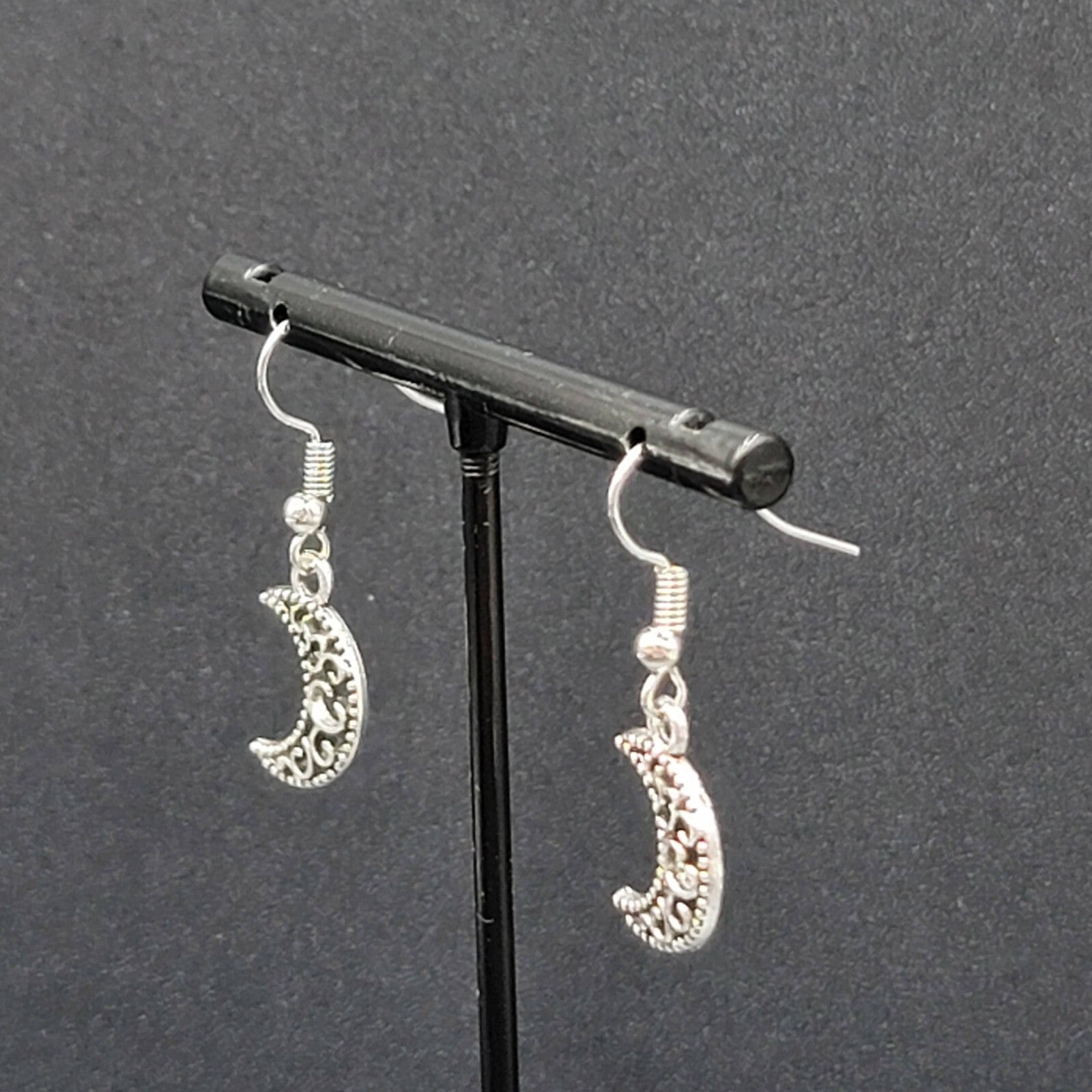 New MOON Pierced Earrings Silver tone Open Work Metal Dangle 5/8"