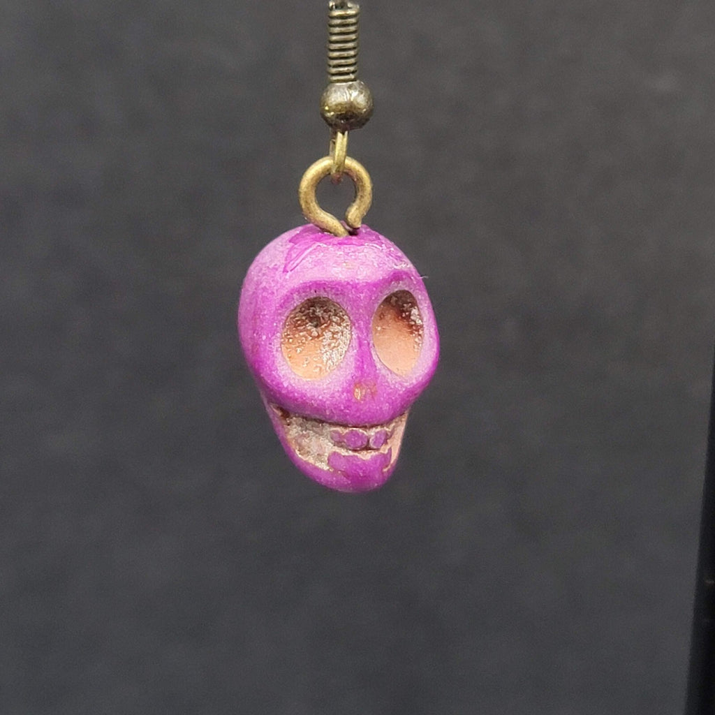 Skull Pierced Earrings Purple Howlite Stone Bead Dangle 3/4"