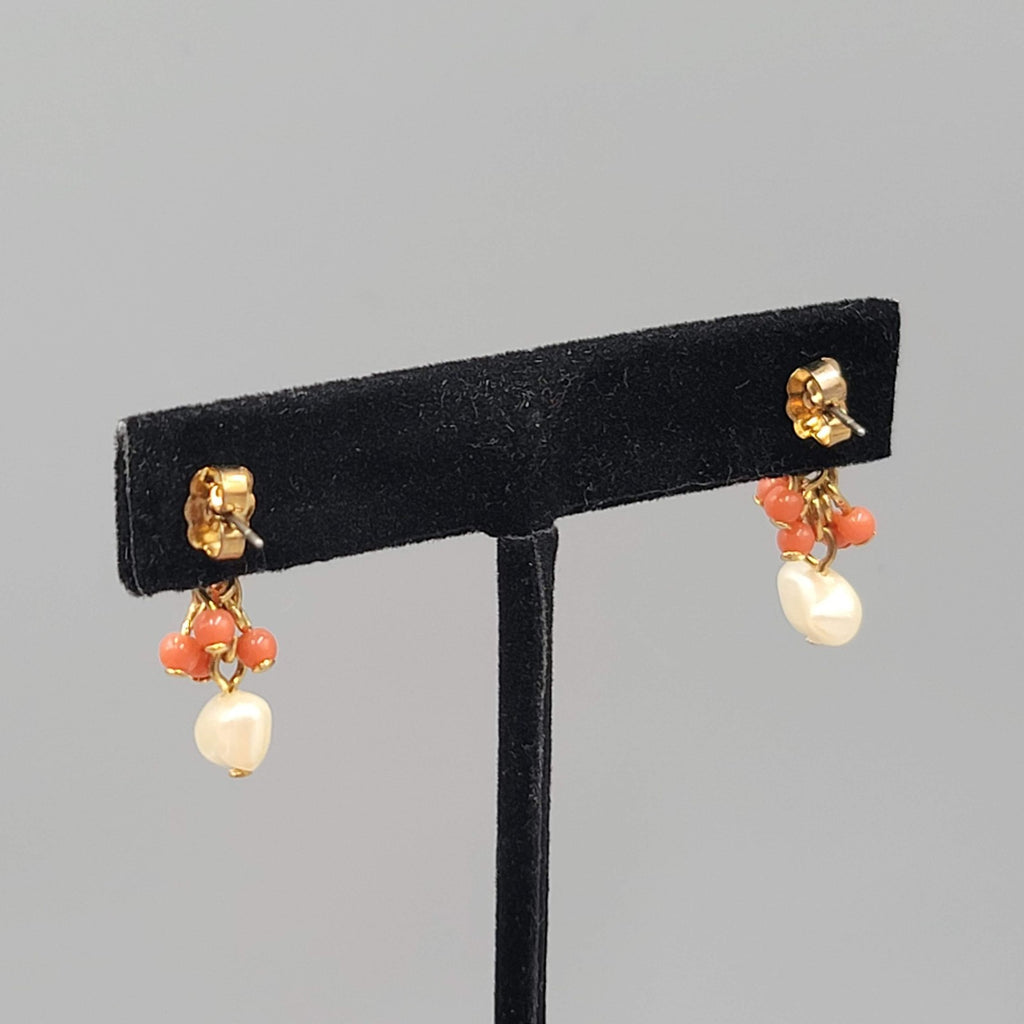 New York Co Faux Pearl Faux Coral Pierced Earrings Gold tone Dangle 1"