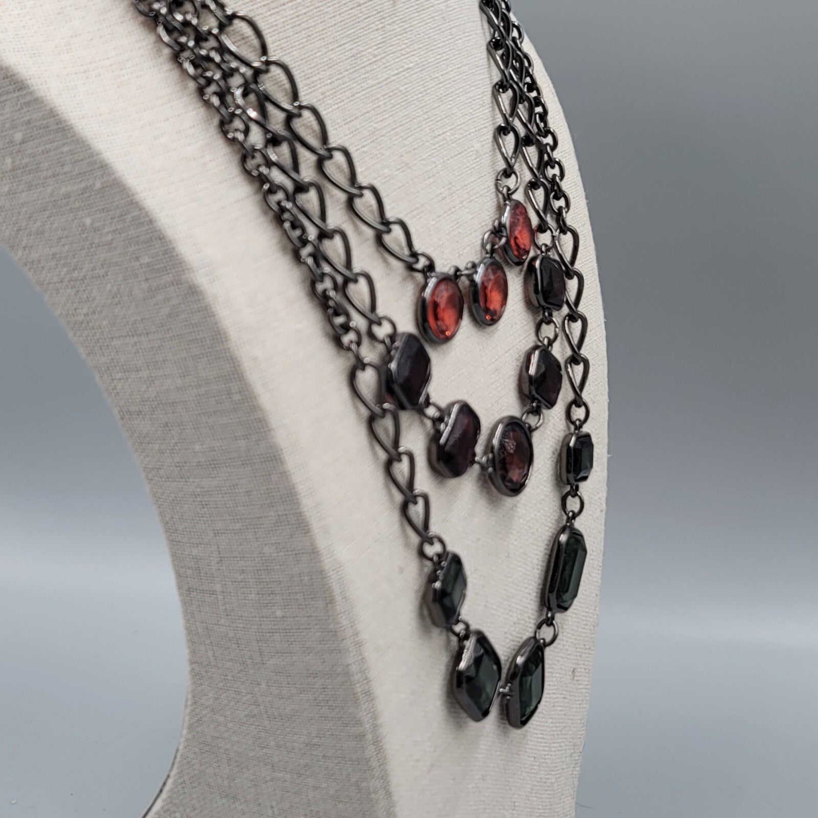 Chicos Triple Strand Necklace Black Chain Red Purple Green 16"-22" +4"
