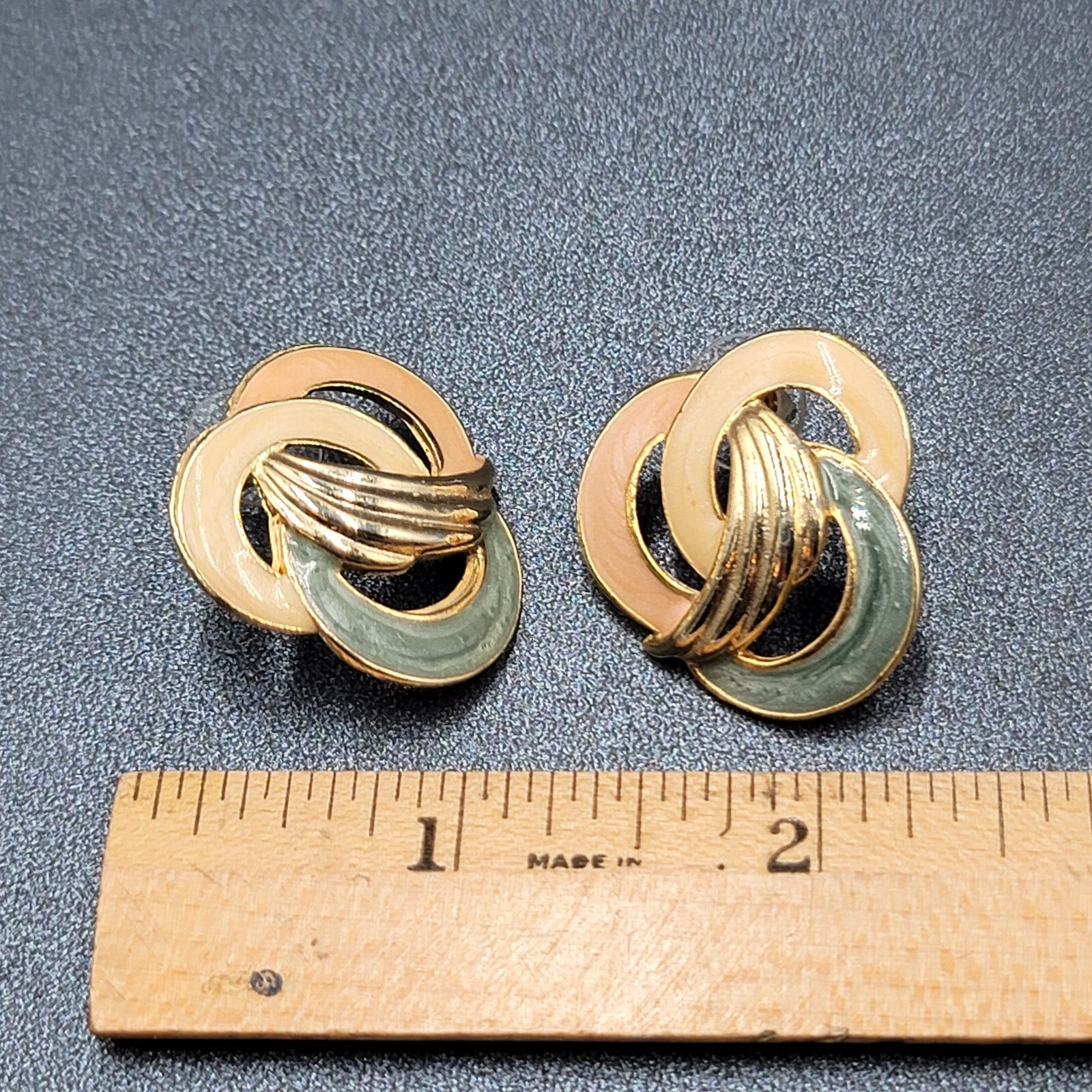 Vintage Pierced Earrings Tan Pink Green Swirl Enamel Gold tone Drop 1 1/8"