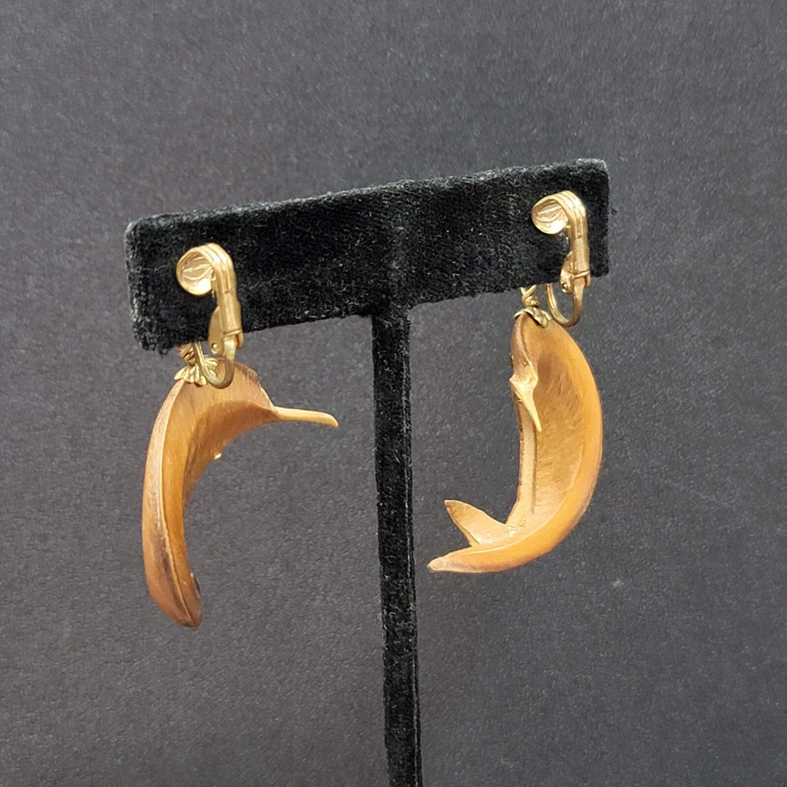 Vintage Clip on Earrings Gold tone Carved Dolphin Dangle Rhinestone 1 5/8"