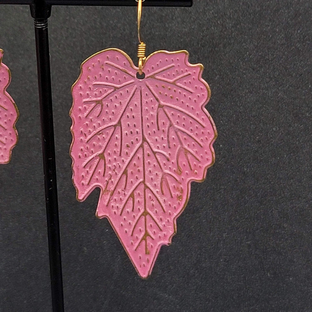 Pierced Earrings Gold tone Large Pink Dangle Leaves Statement 2"