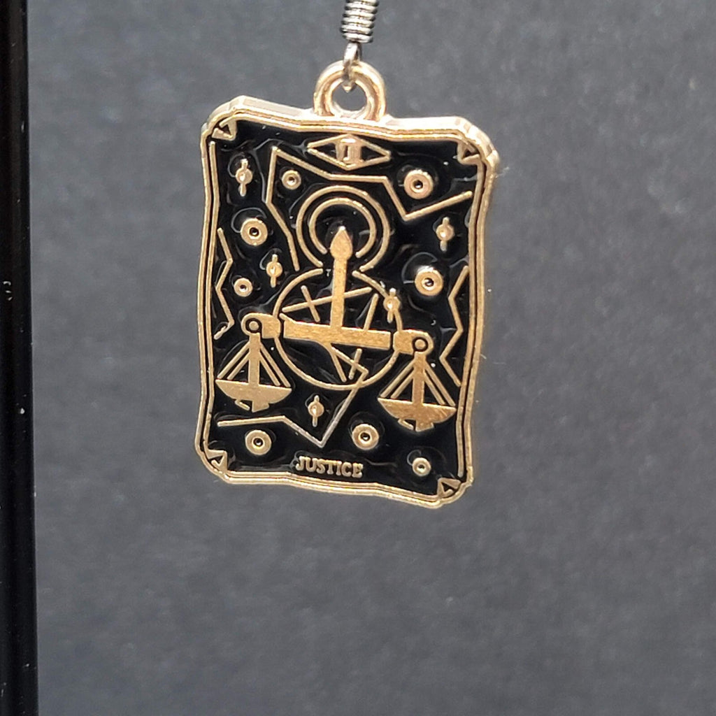 Tarot Card Pierced Earrings JUSTICE Scales Gold tone Black 1"