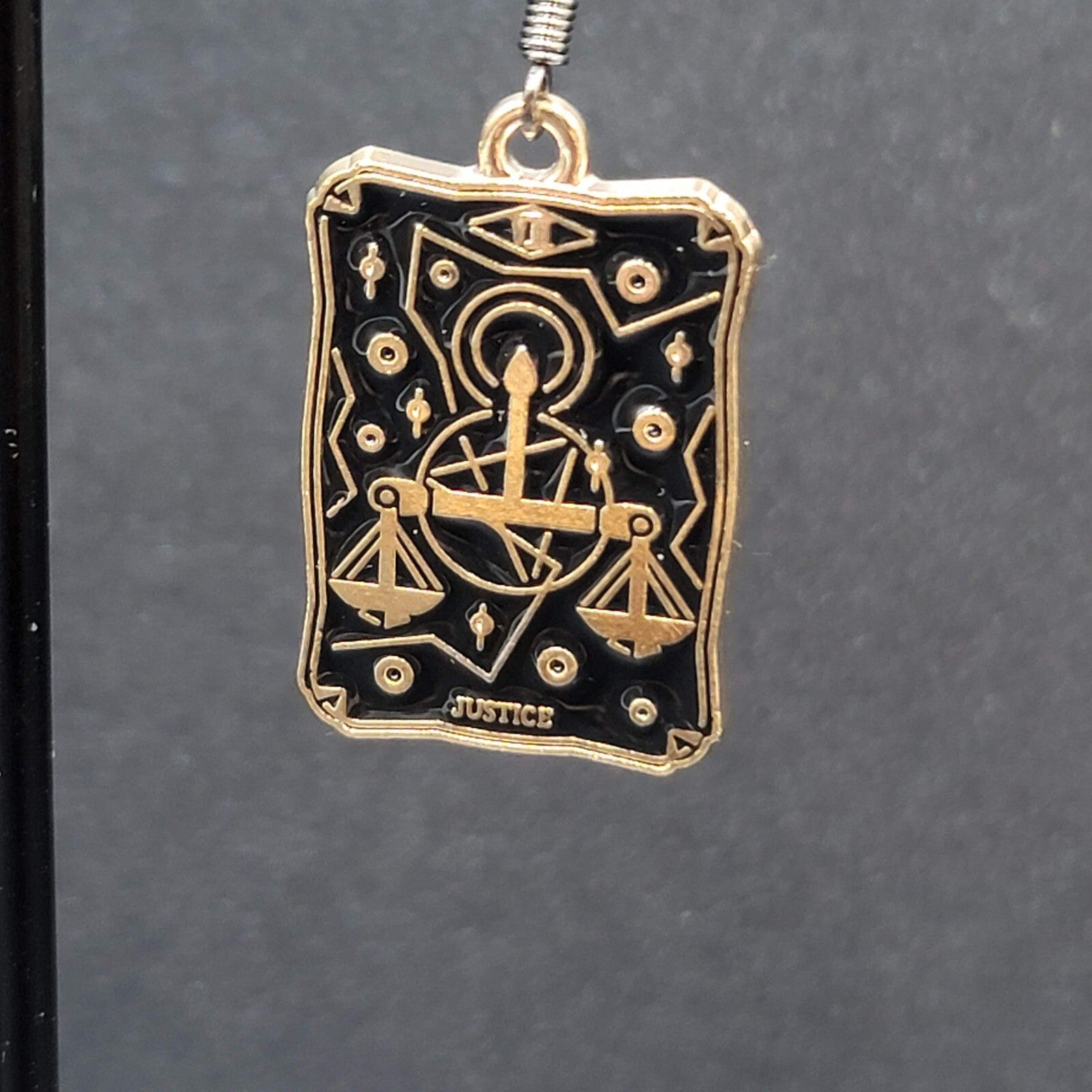 Tarot Card Pierced Earrings JUSTICE Scales Gold tone Black 1"