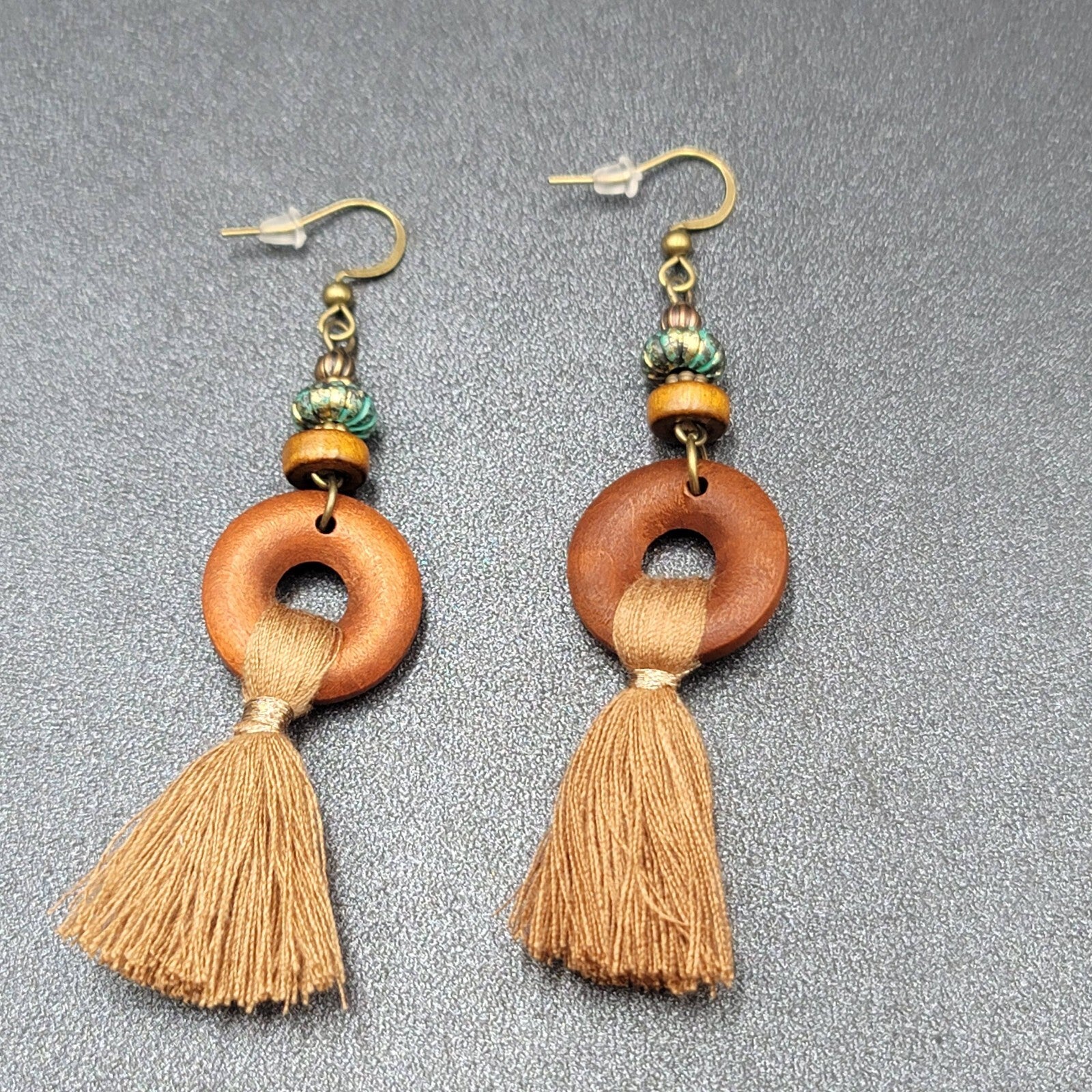 New Boho Pierced Earrings Bronze tone Wood Ring Tassel Dangle 2.25"