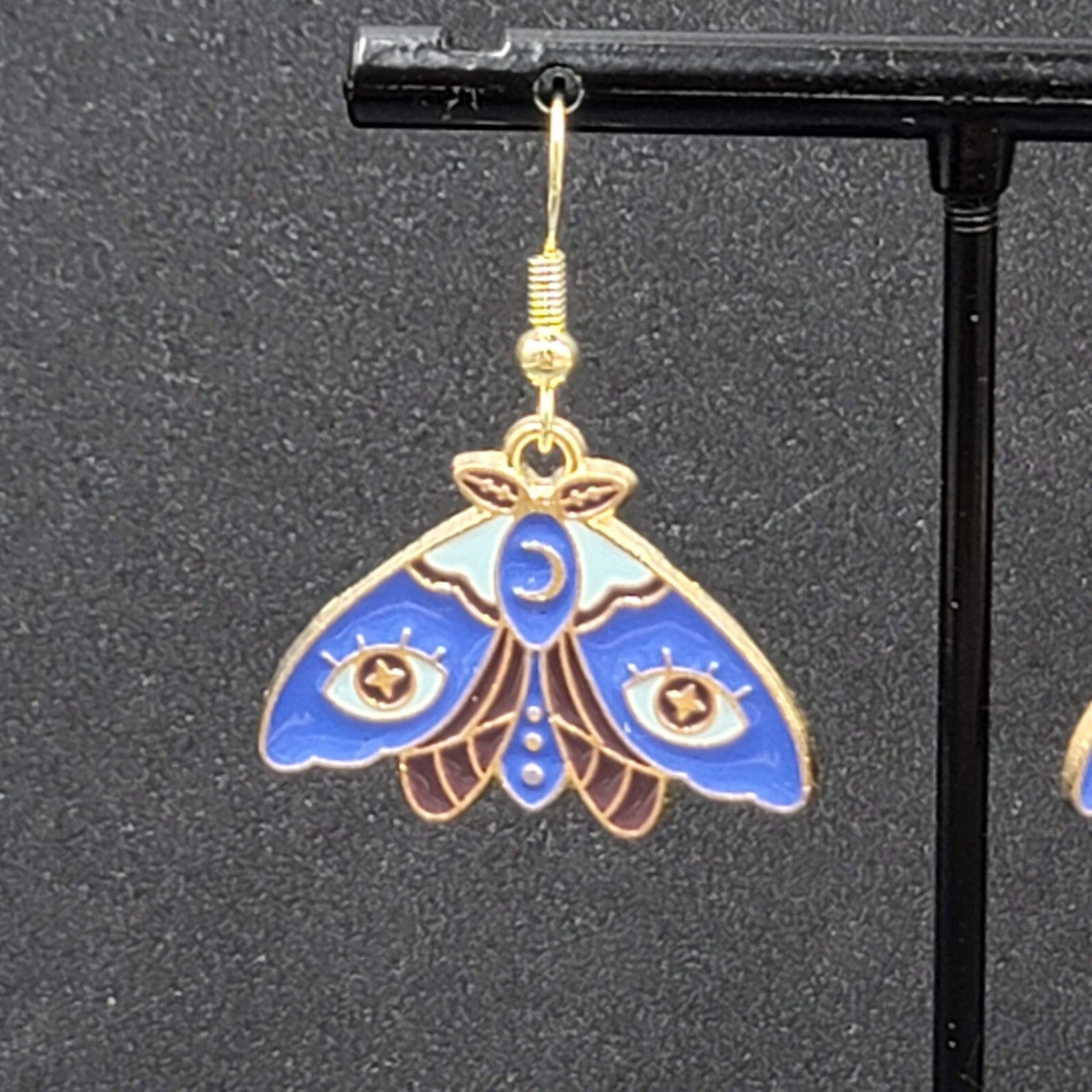 Evil Eye Moth Pierced Earrings Gold tone Blue Enamel Dangle 3/4"
