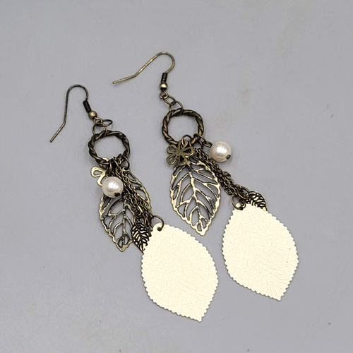 Boho White Enamel Leaf Pierced Earrings Bronze tone Dangle 3.25"
