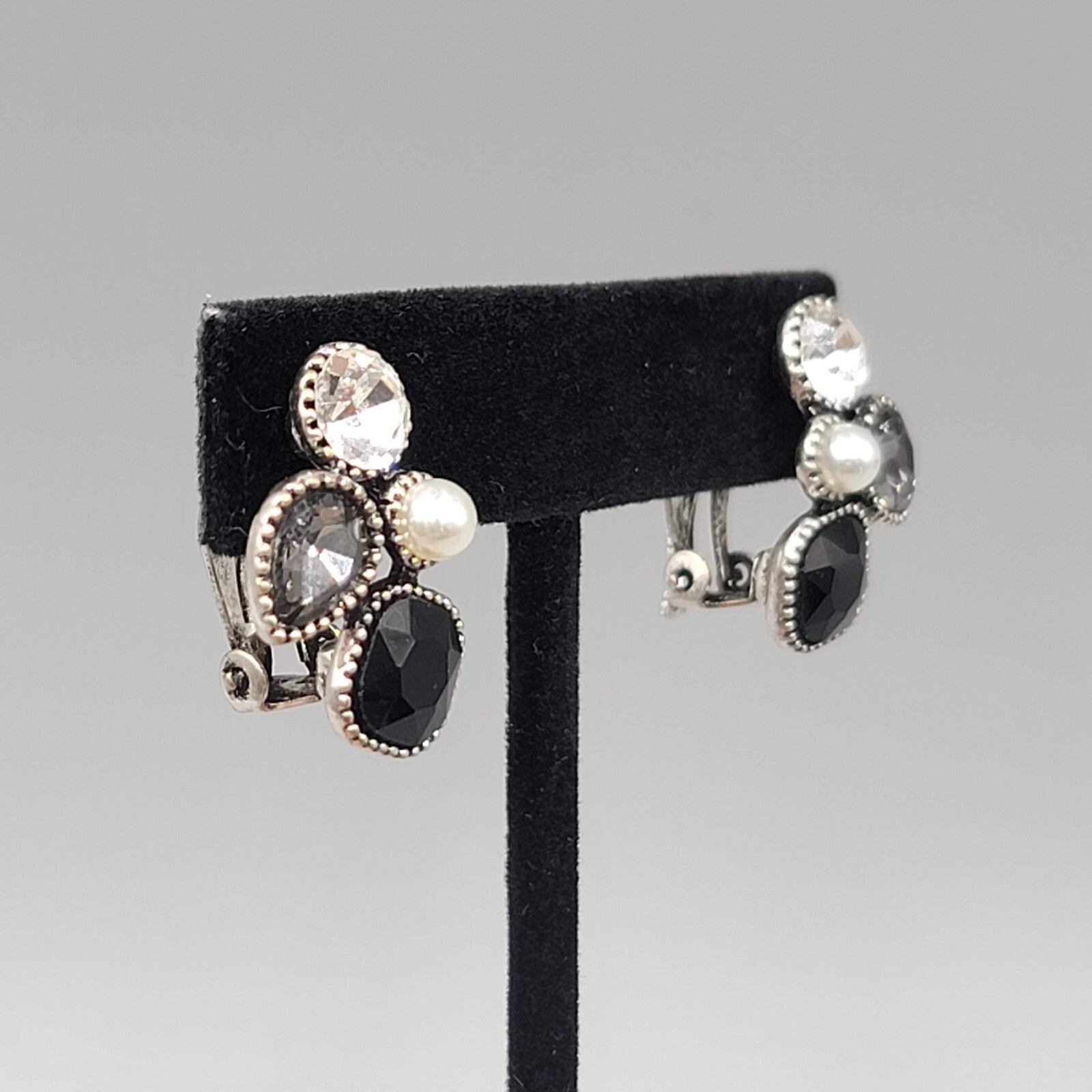 Modern  Clip on Earrings Gray Clear Crystal Dark Silver tone Drop 7/8"