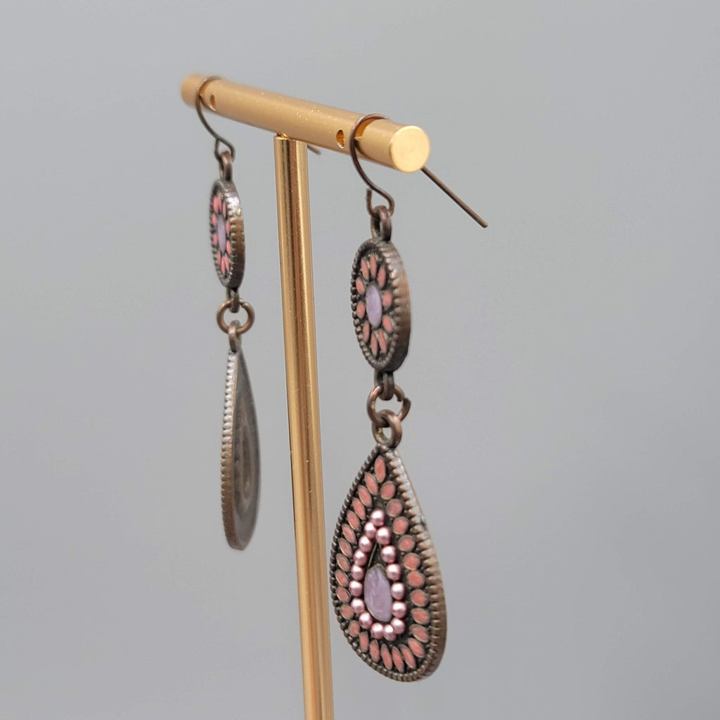 Enamel Teardrop Double Medallion Pierced Earrings Bronze tone Dangle 2 in