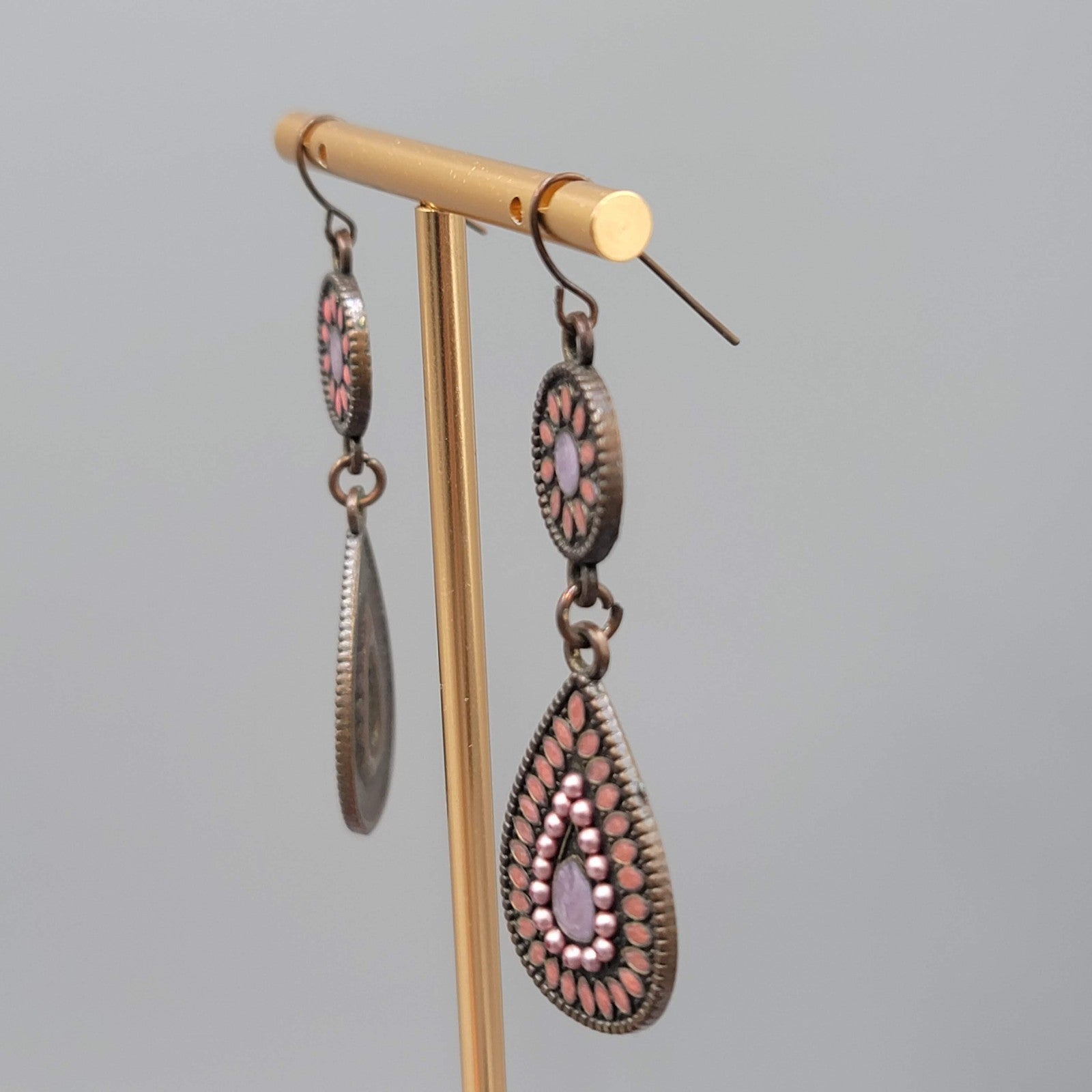 Enamel Teardrop Double Medallion Pierced Earrings Bronze tone Dangle 2 in