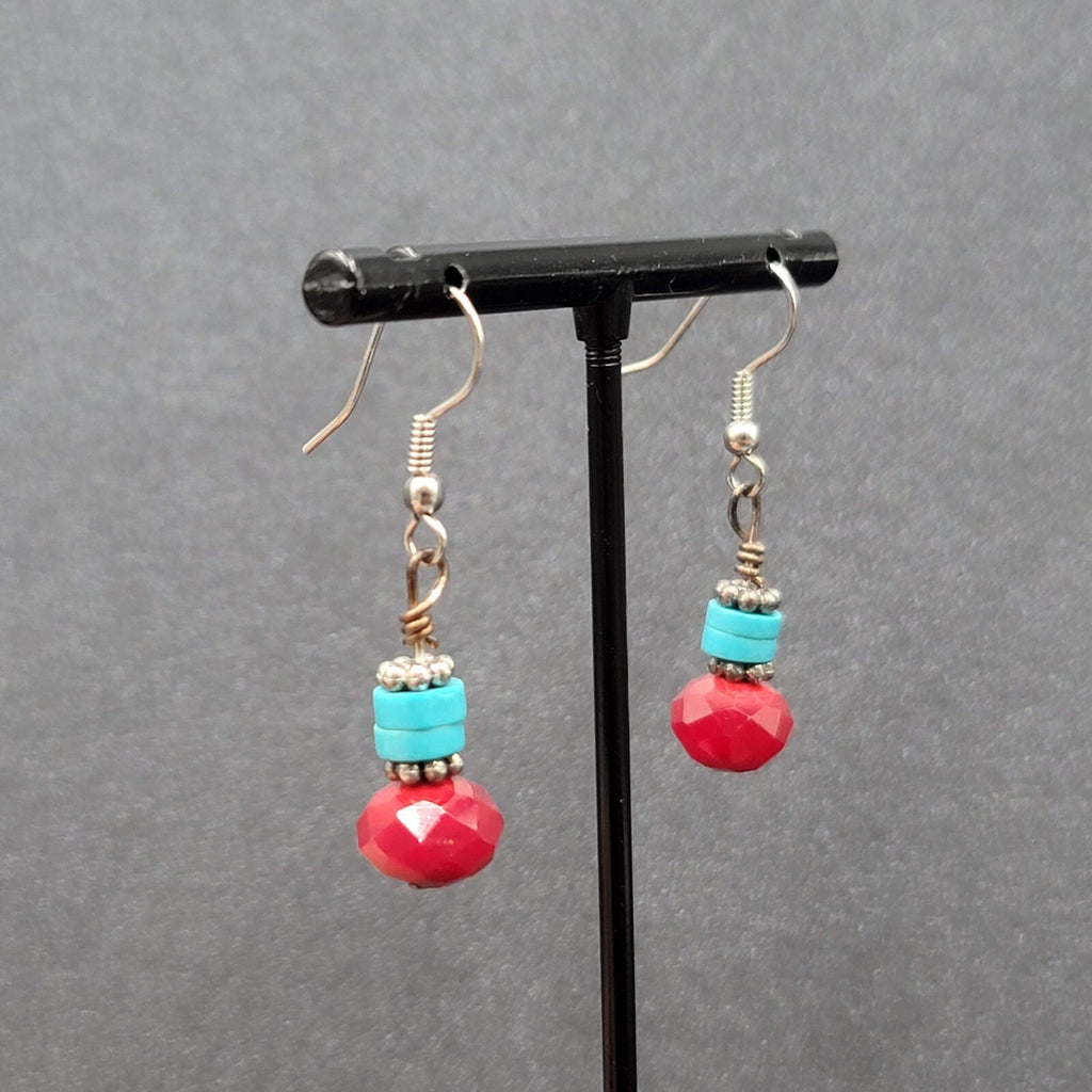 Pierced Earrings Silver tone Red Stone Turquoise Stone Beads Dangle  7/8"