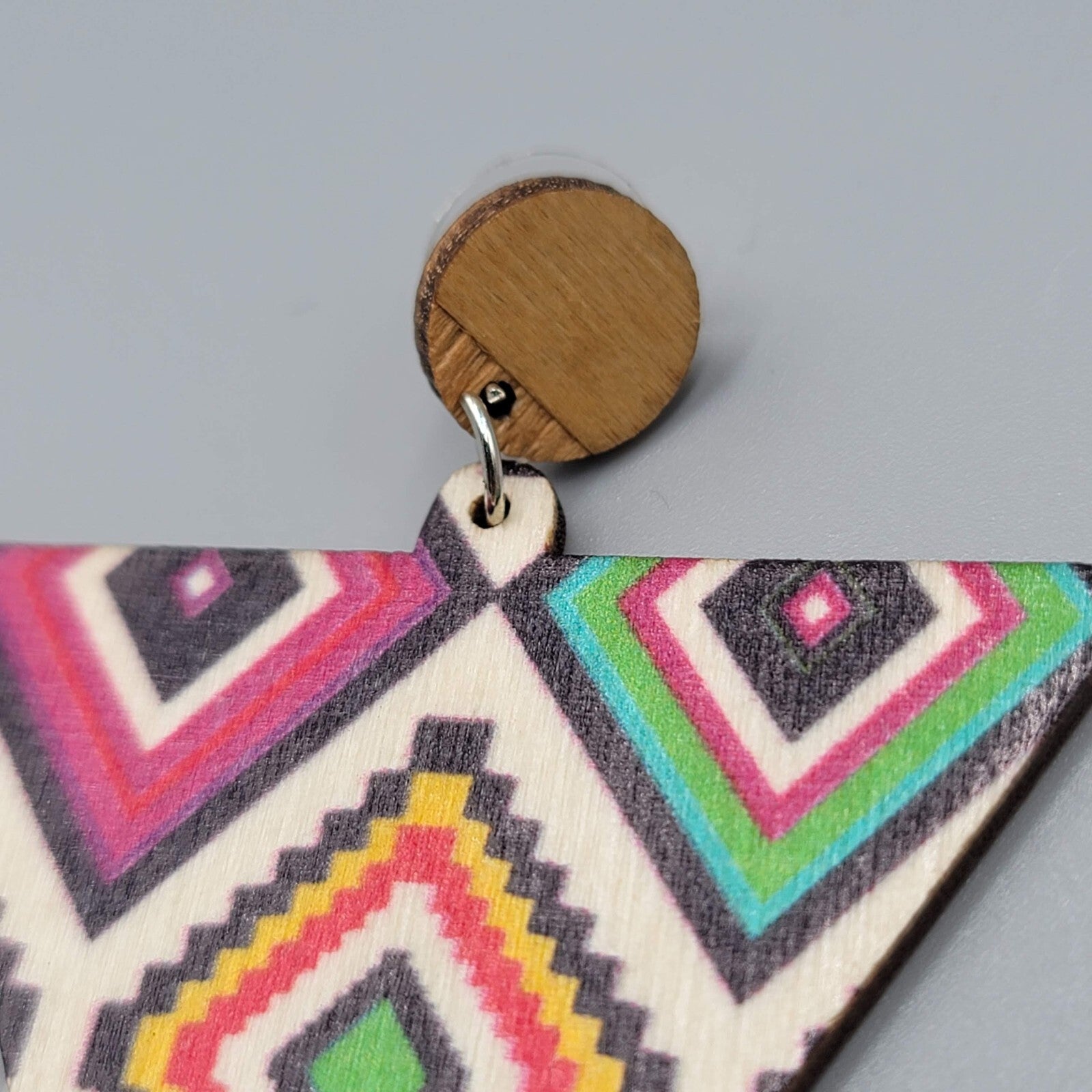 Large Wood Boho Statement Pierced Earrings Multicolor Design Triangle  2.5"