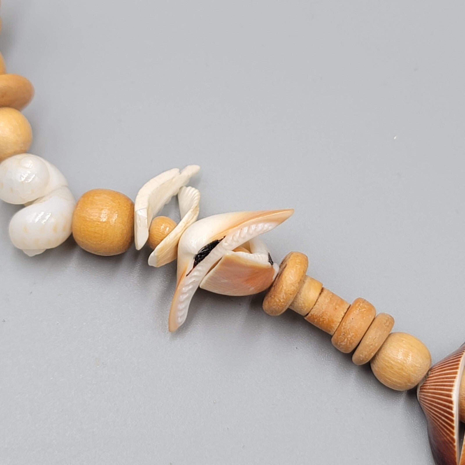 Vintage Necklace Wood Bead Shell Pieces LONG Unique Beach Summer 40"