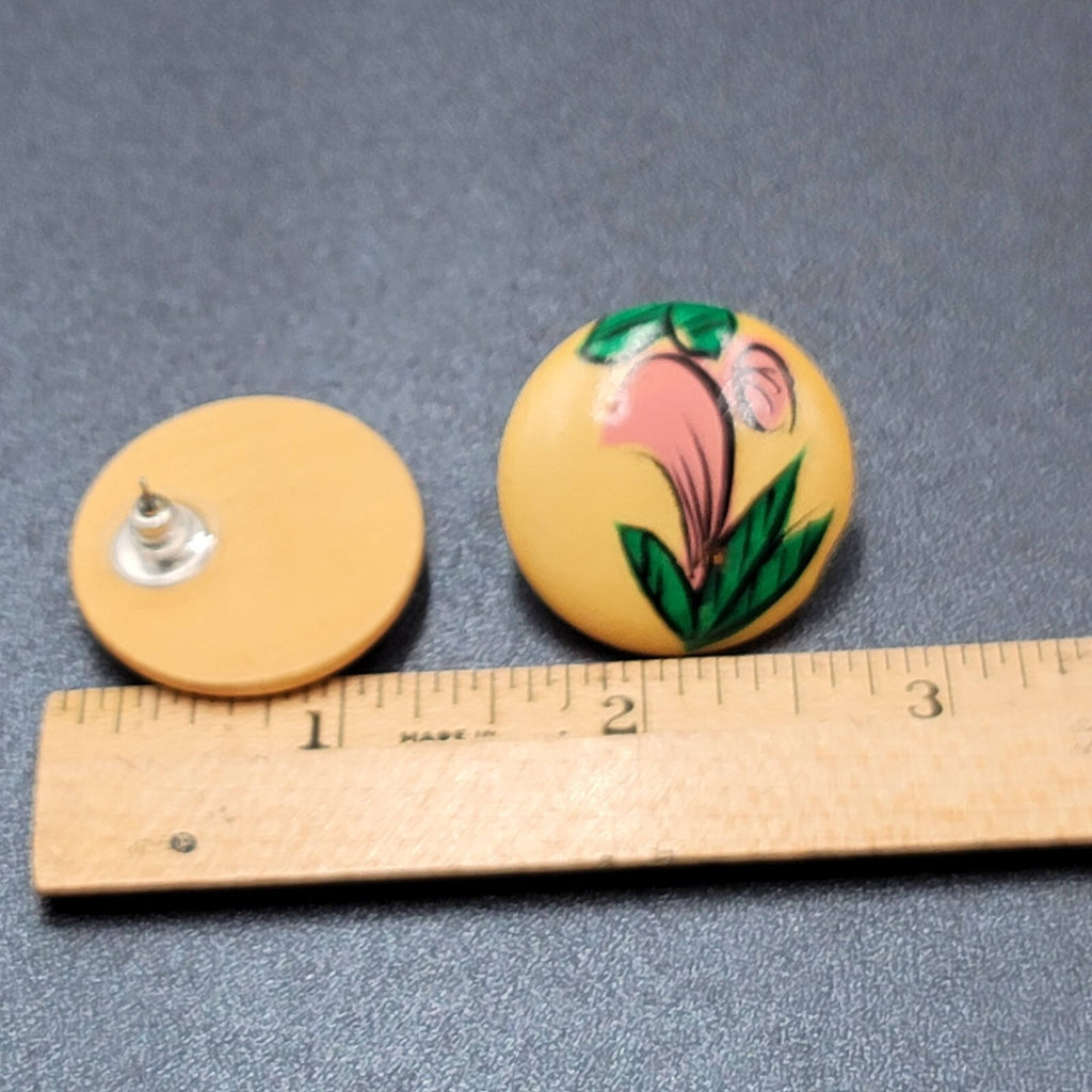 Vintage Pierced Earrings Round Wood Hand Painted 1 1/8"