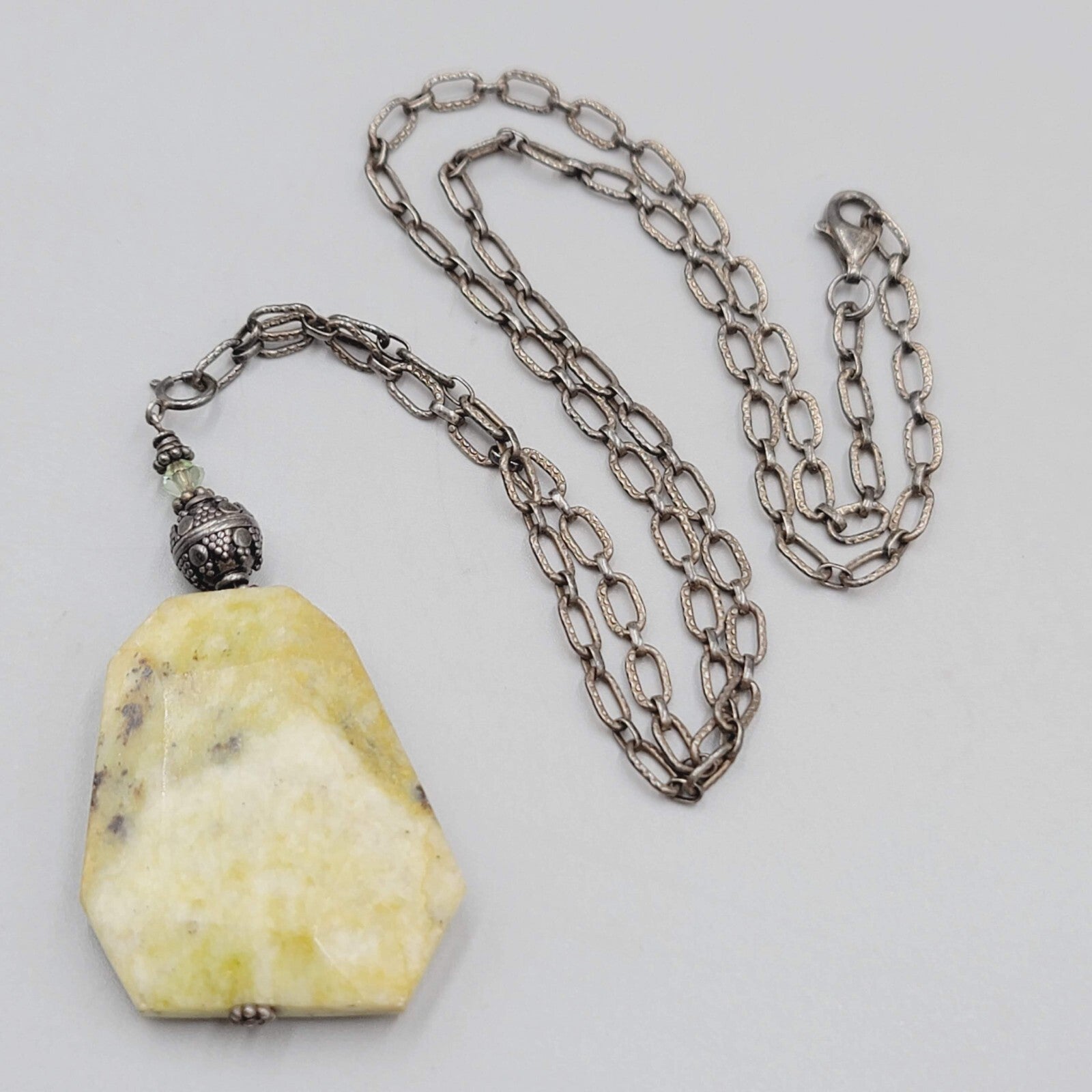 Sterling Silver Necklace Serpentine Stone Pendant Textured Chain 20"