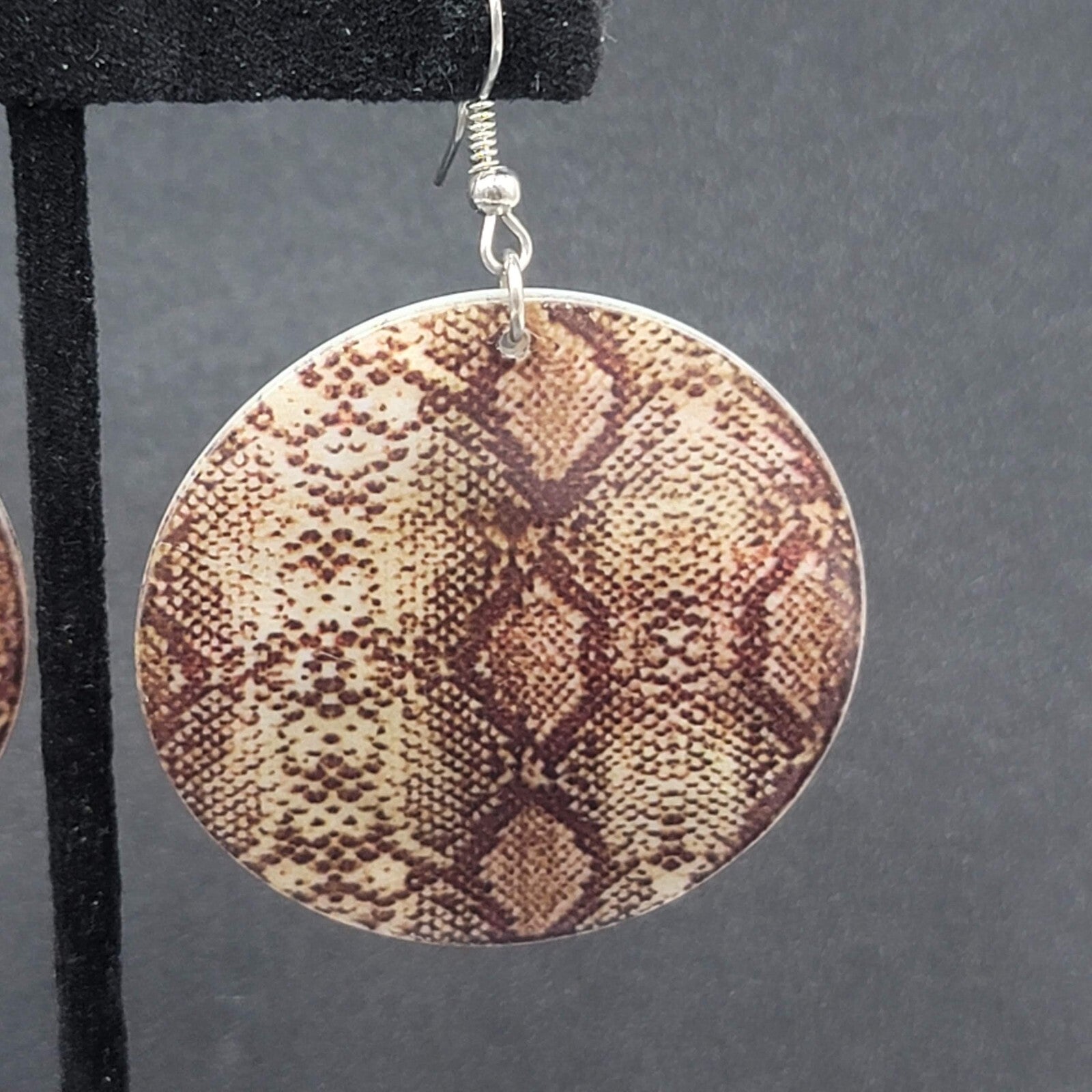 Pierced Earrings Snake Skin Print on Sea Shell 1.75"