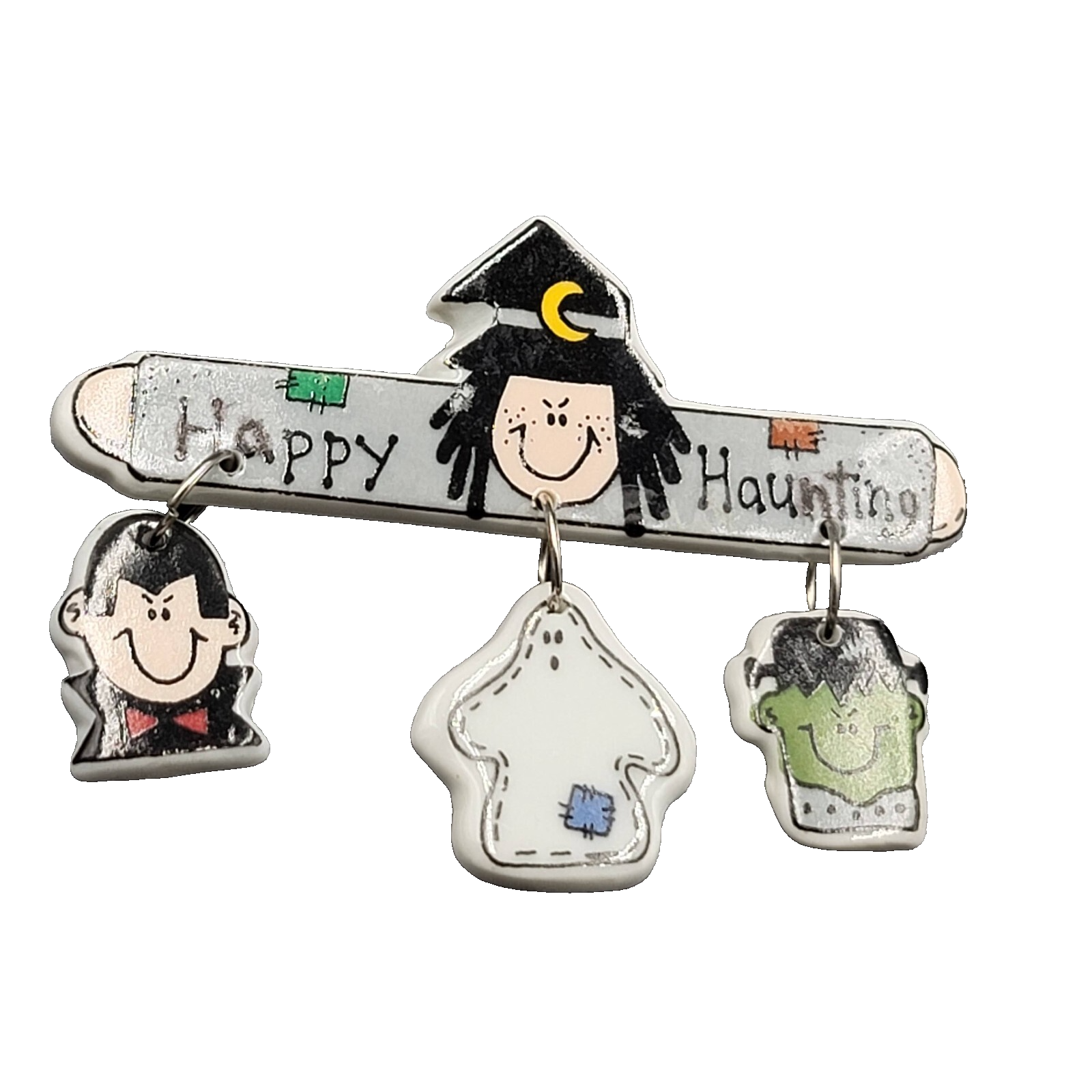 Vintage Halloween Brooch Ceramic Dangle Charms Happy Haunting 3 3/8"