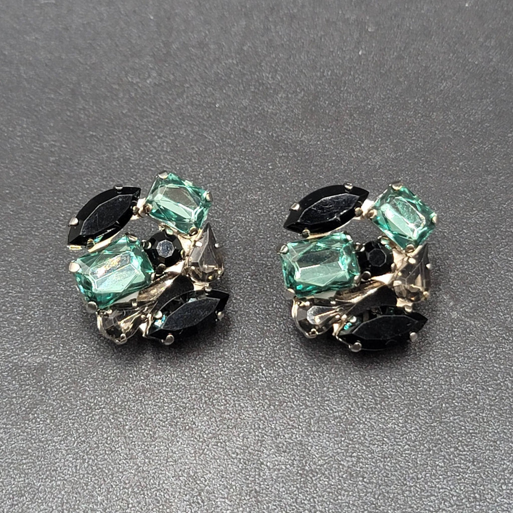 Clip on Earrings Silver tone Acrylic Green Black Statement Drop 1"
