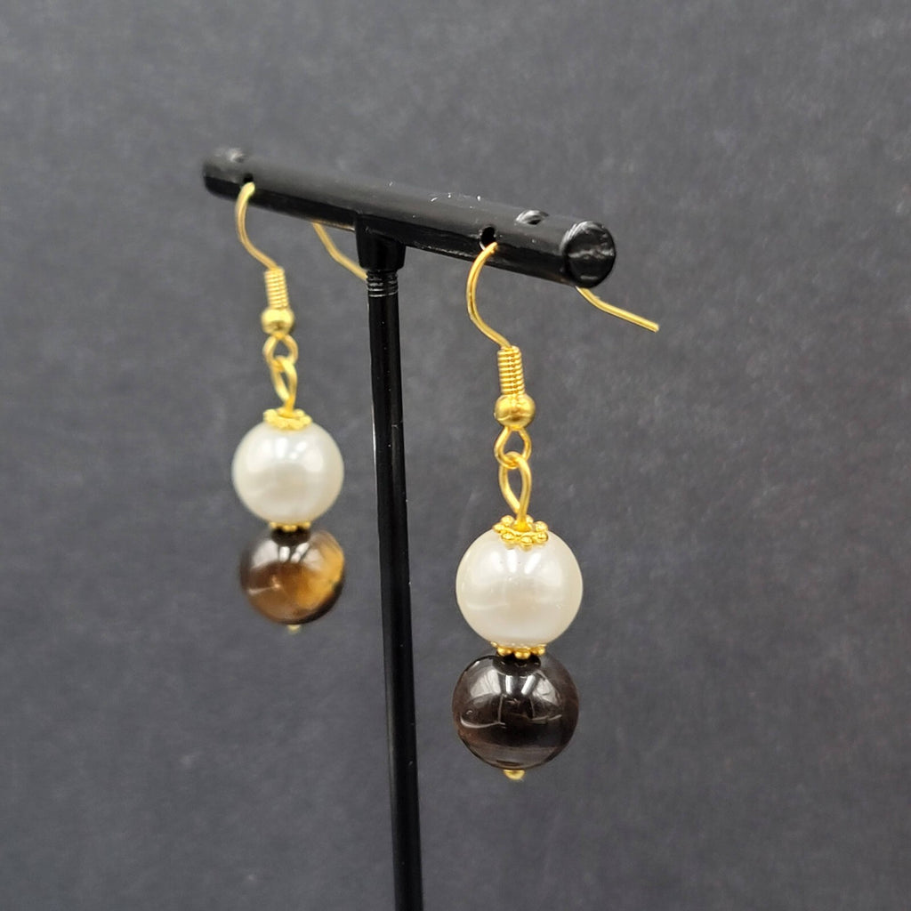 Pierced Earrings Tigers Eye Stone Faux Pearl Bead Dangle 1 1/8"