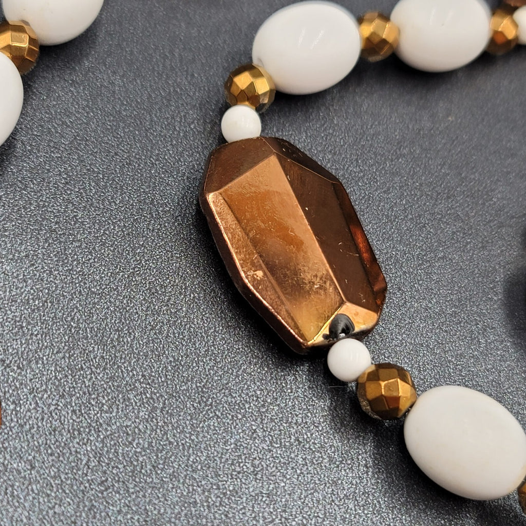 Bronze Metallic White Beaded Necklace Bracelet Earrings Set Jewelry Set