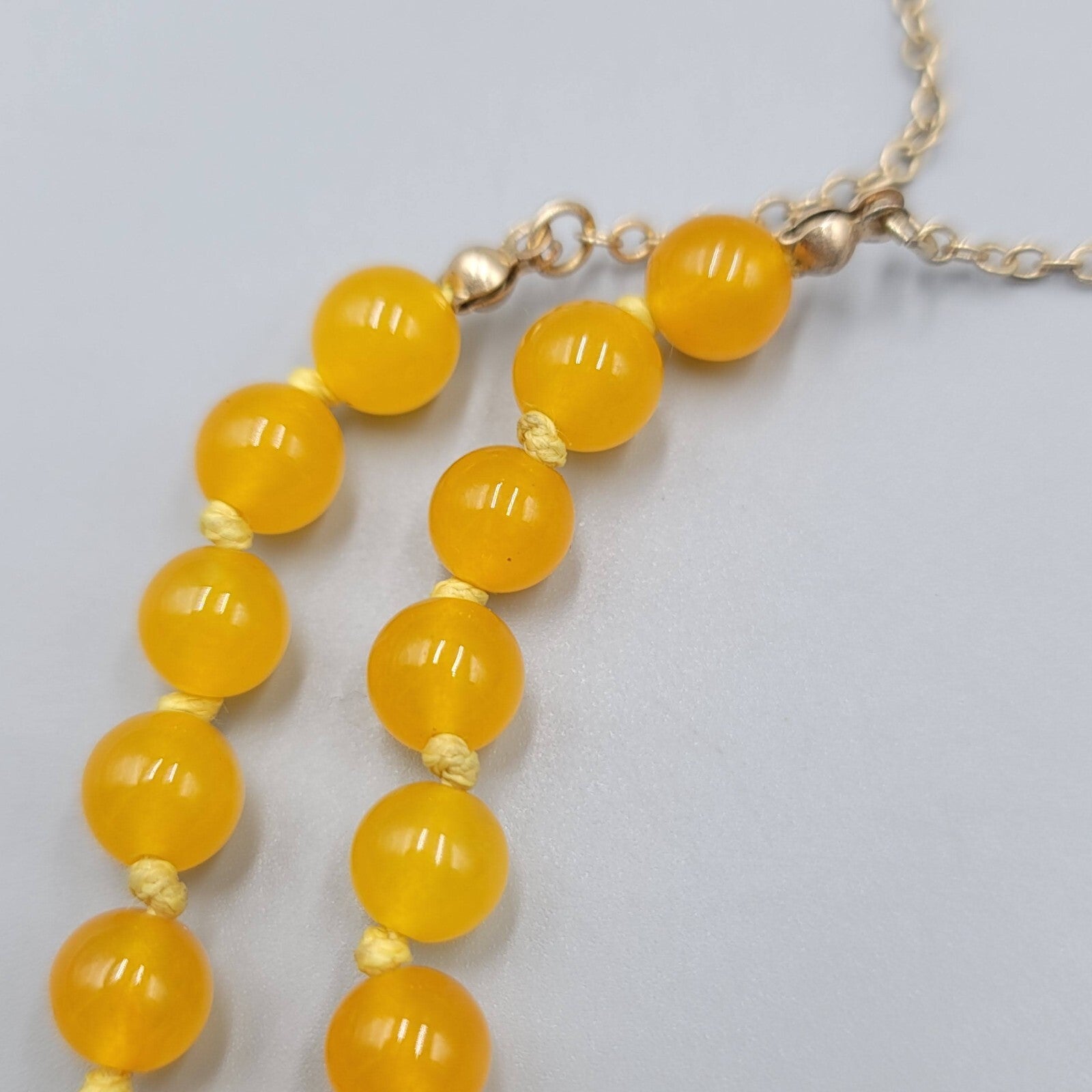 Yellow Glass Bead Hand Knotted Necklace Gold tone Long Chain 34"-37"