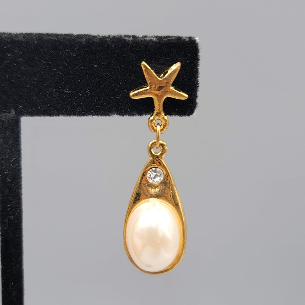 Star Crystal Faux Pearl Pierced Earrings Gold Plated Dangle 1.5 in