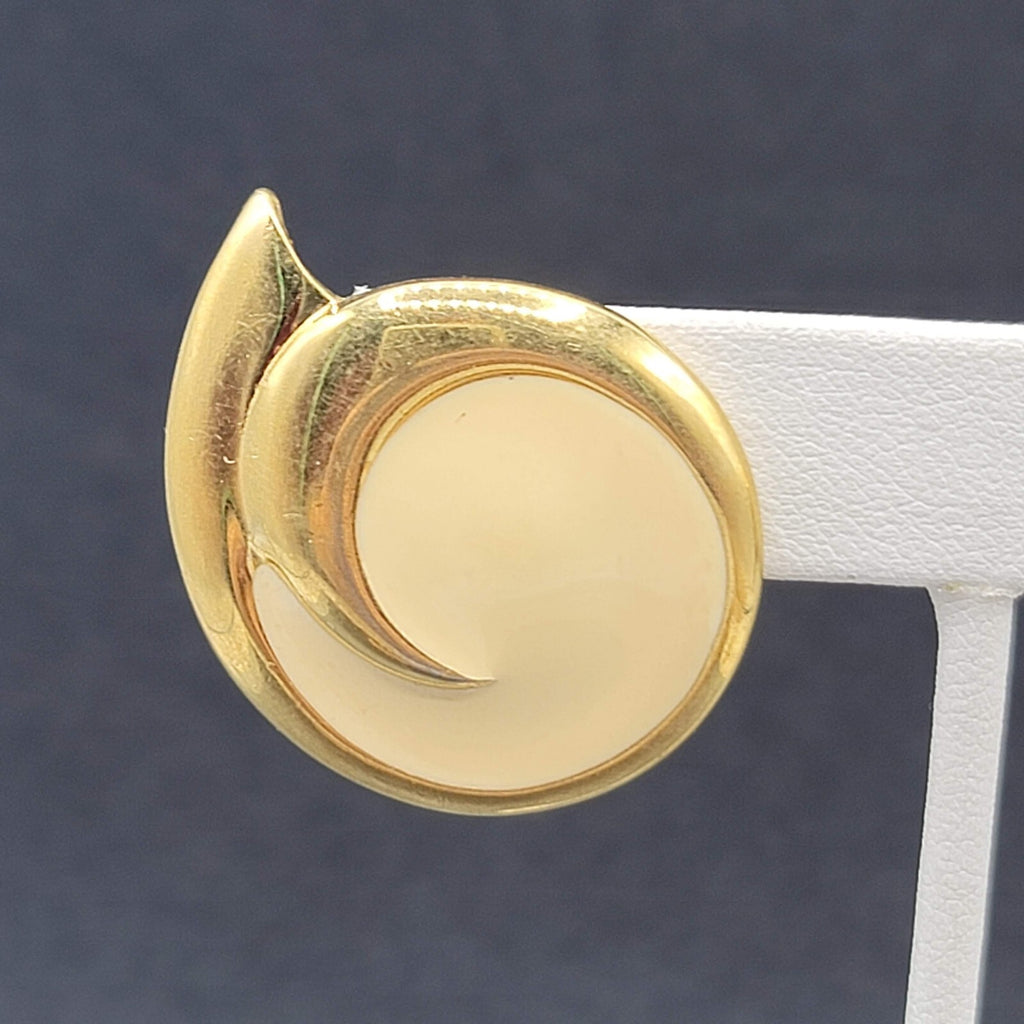 Vintage MONET Clip on Earrings Gold Plated White Enamel Drop 1 3/8"