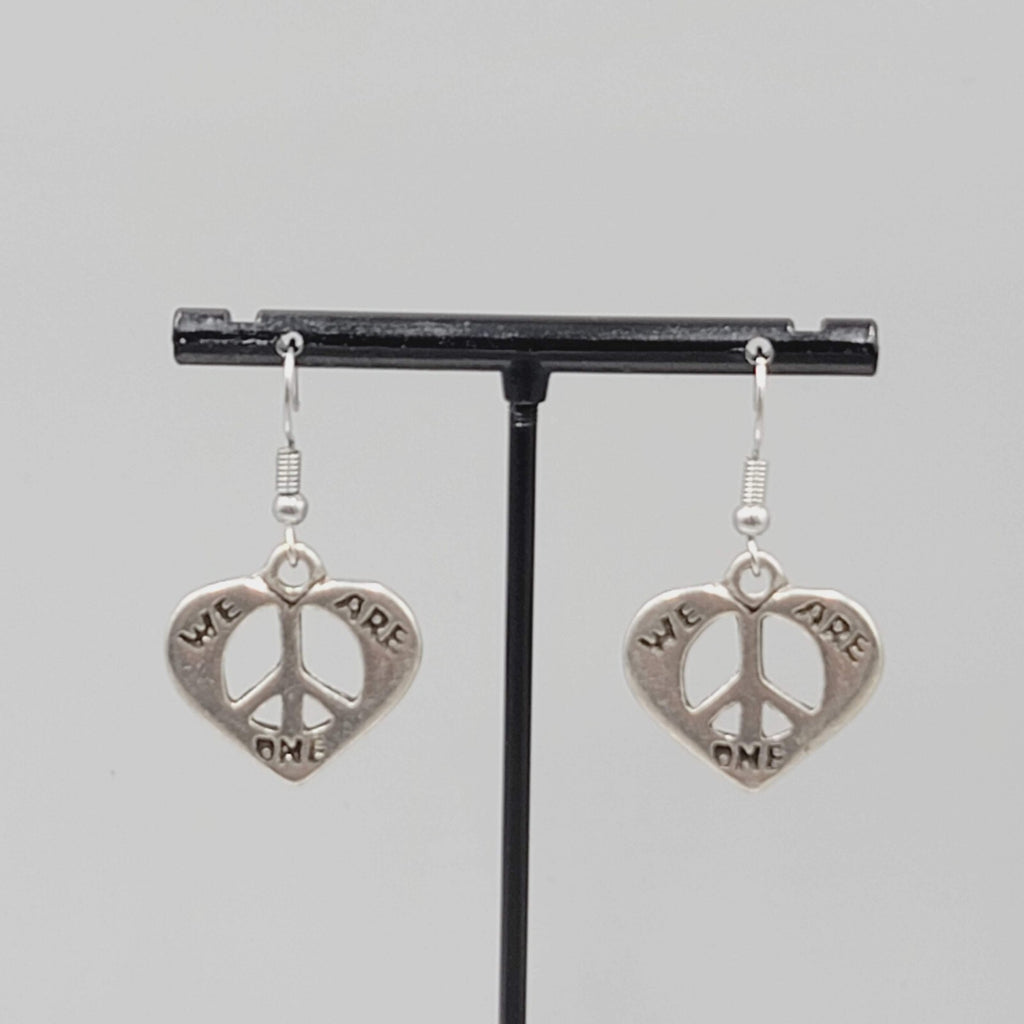 We Are One Peace Heart Pierced Earrings Silver tone Dangle 7/8"