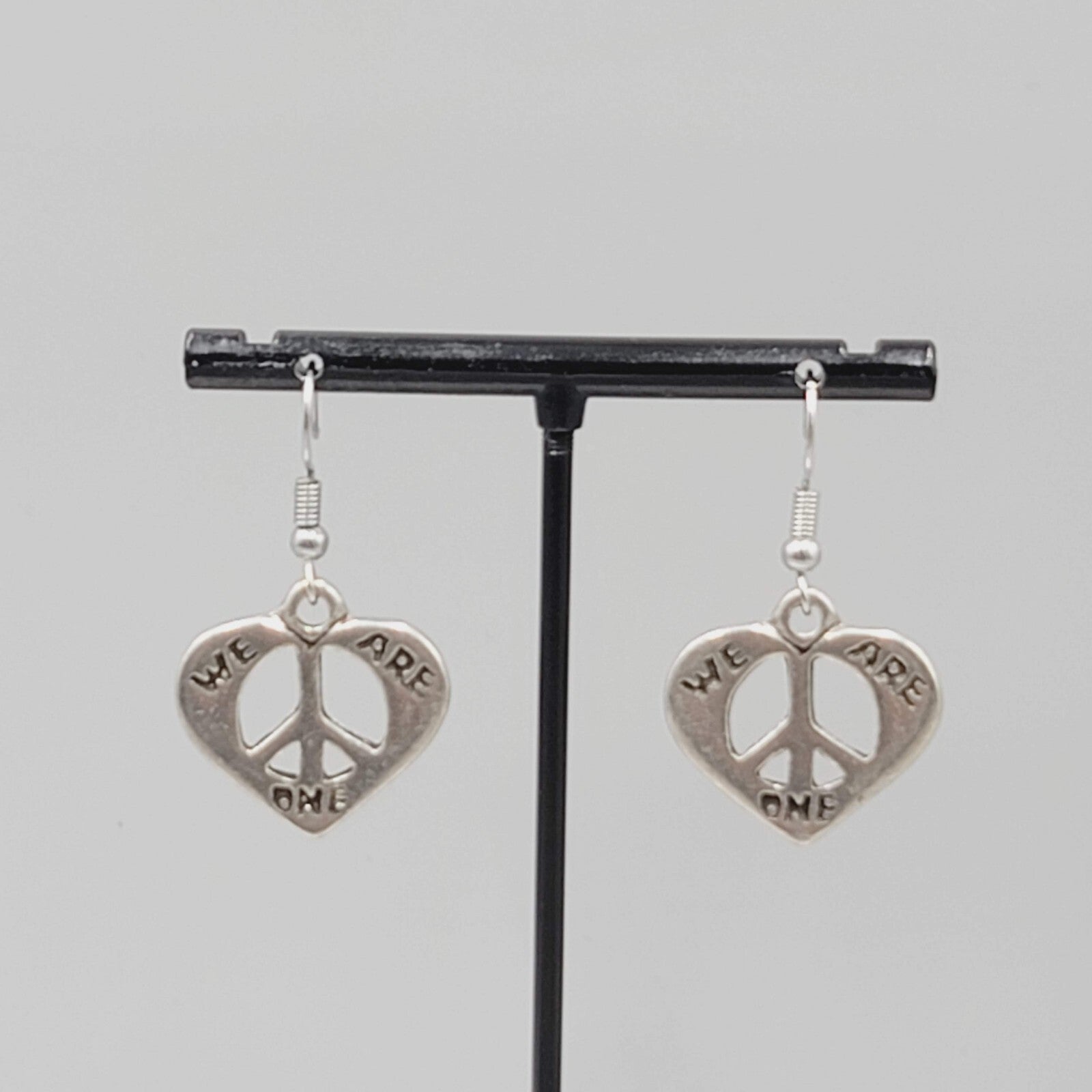 We Are One Peace Heart Pierced Earrings Silver tone Dangle 7/8"