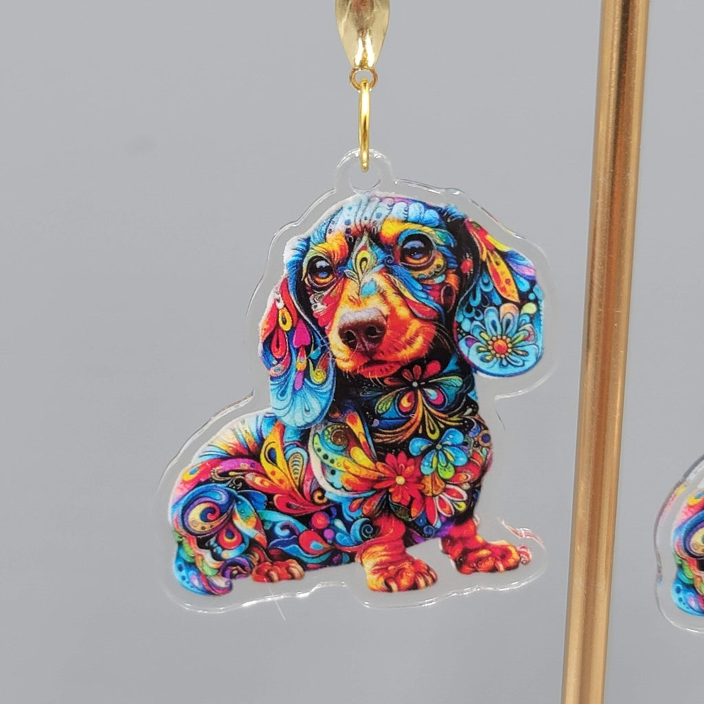 Colorful Dachshund Dog Pierced Earrings Acrylic Dangle Gold tone 1.75"