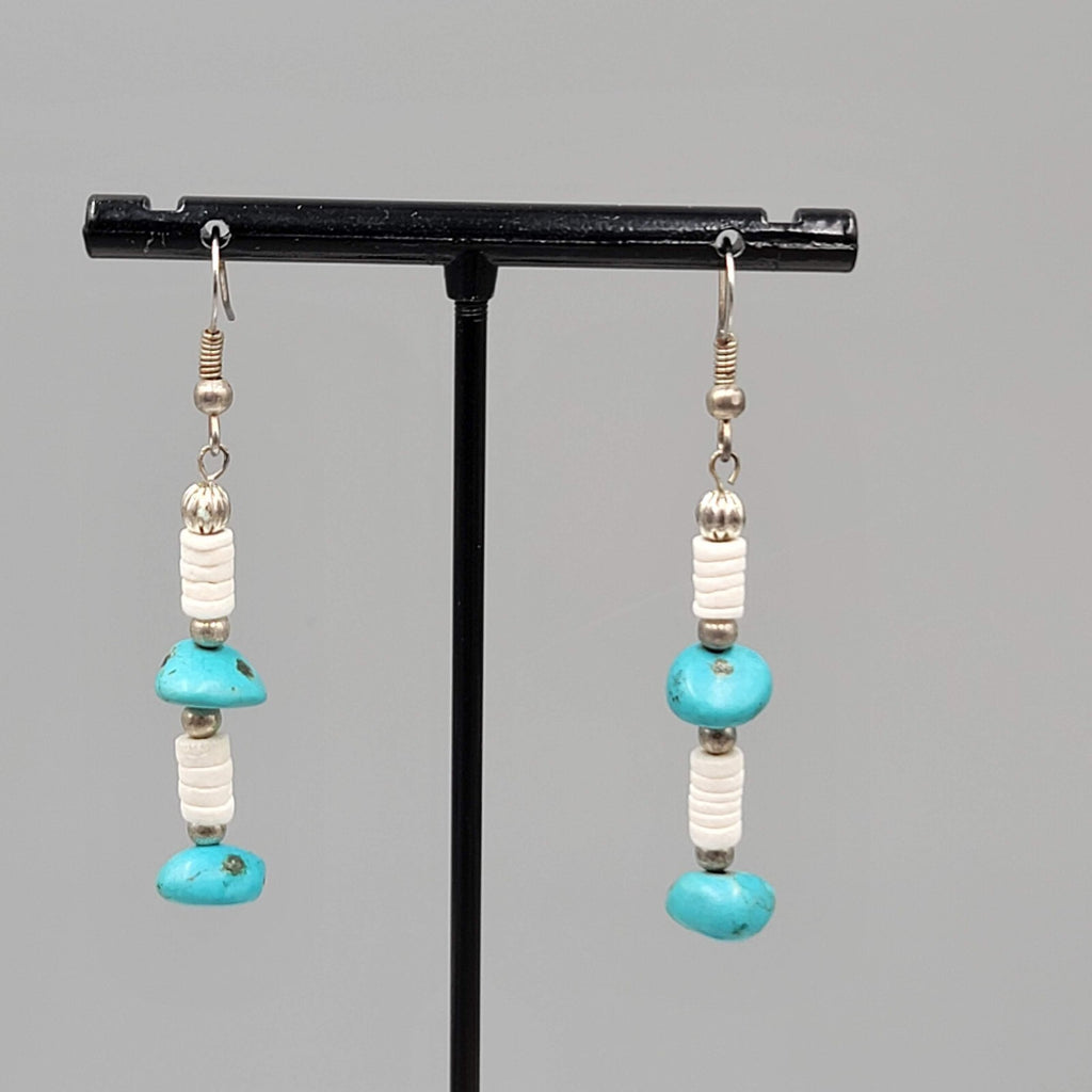 Sterling Silver Pierced Earrings Turquoise Nugget Bead Shell Heishi  1.5" 925