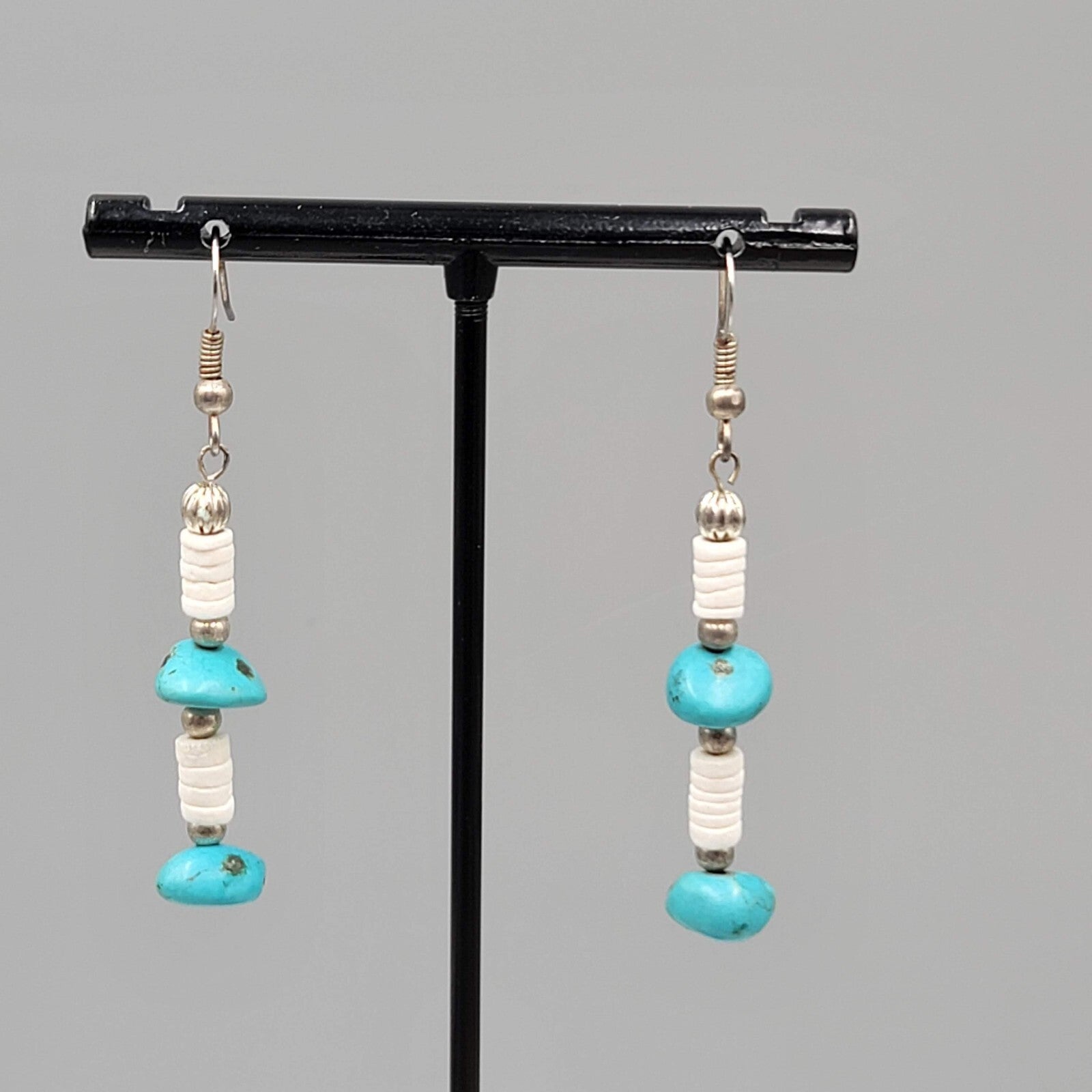 Sterling Silver Pierced Earrings Turquoise Nugget Bead Shell Heishi  1.5" 925