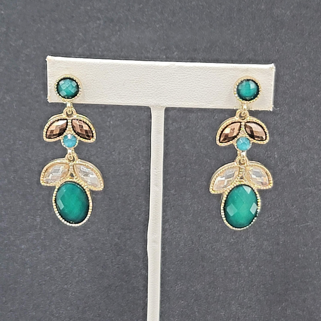 Pierced Earrings Gold tone Teal Green Faceted Acrylic Statement Drop 1 7/8"