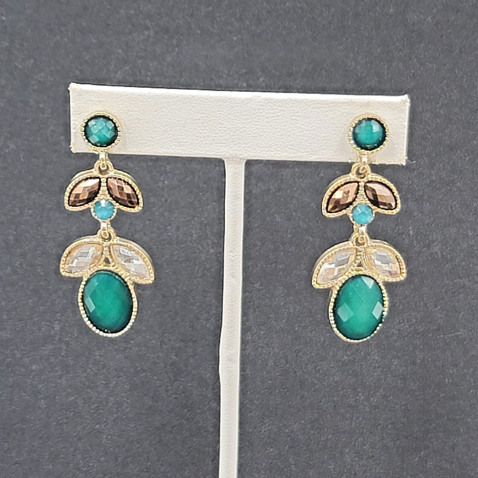 Pierced Earrings Gold tone Teal Green Faceted Acrylic Statement Drop 1 7/8"