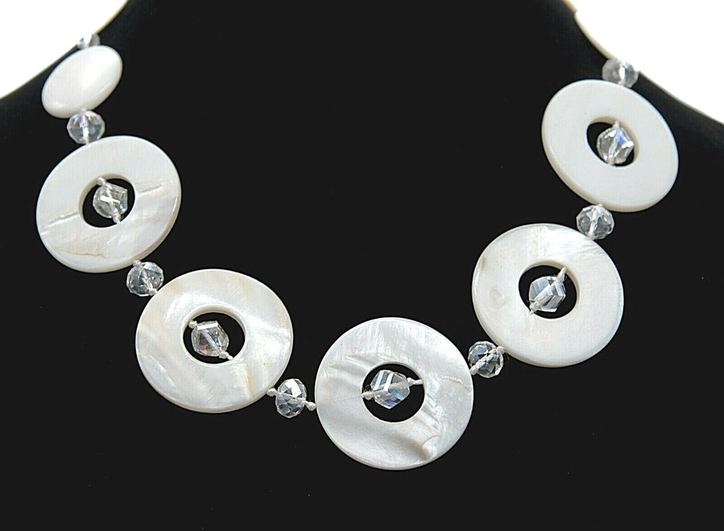 Mother of Pearl Necklace Circle Bead Hand Knotted Crystal Silver tone 21" - 23"