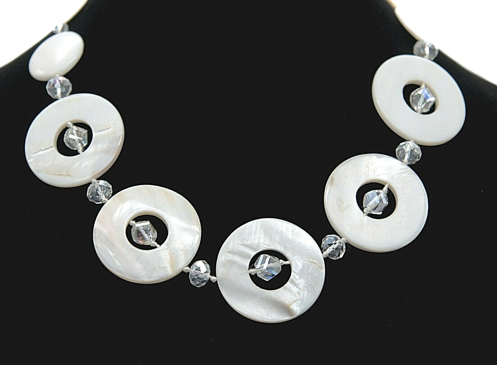 Mother of Pearl Necklace Circle Bead Hand Knotted Crystal Silver tone 21" - 23"